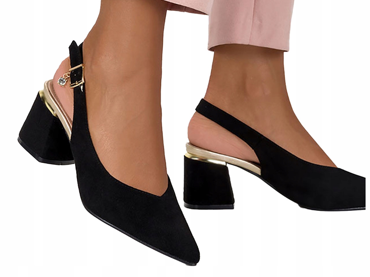 CZÓŁENKA DAMSKIE NA OBCASIE KLOCKU Z ODKRYTĄ PIĘTĄ WKŁADKA SKÓRA OZDOBA 37