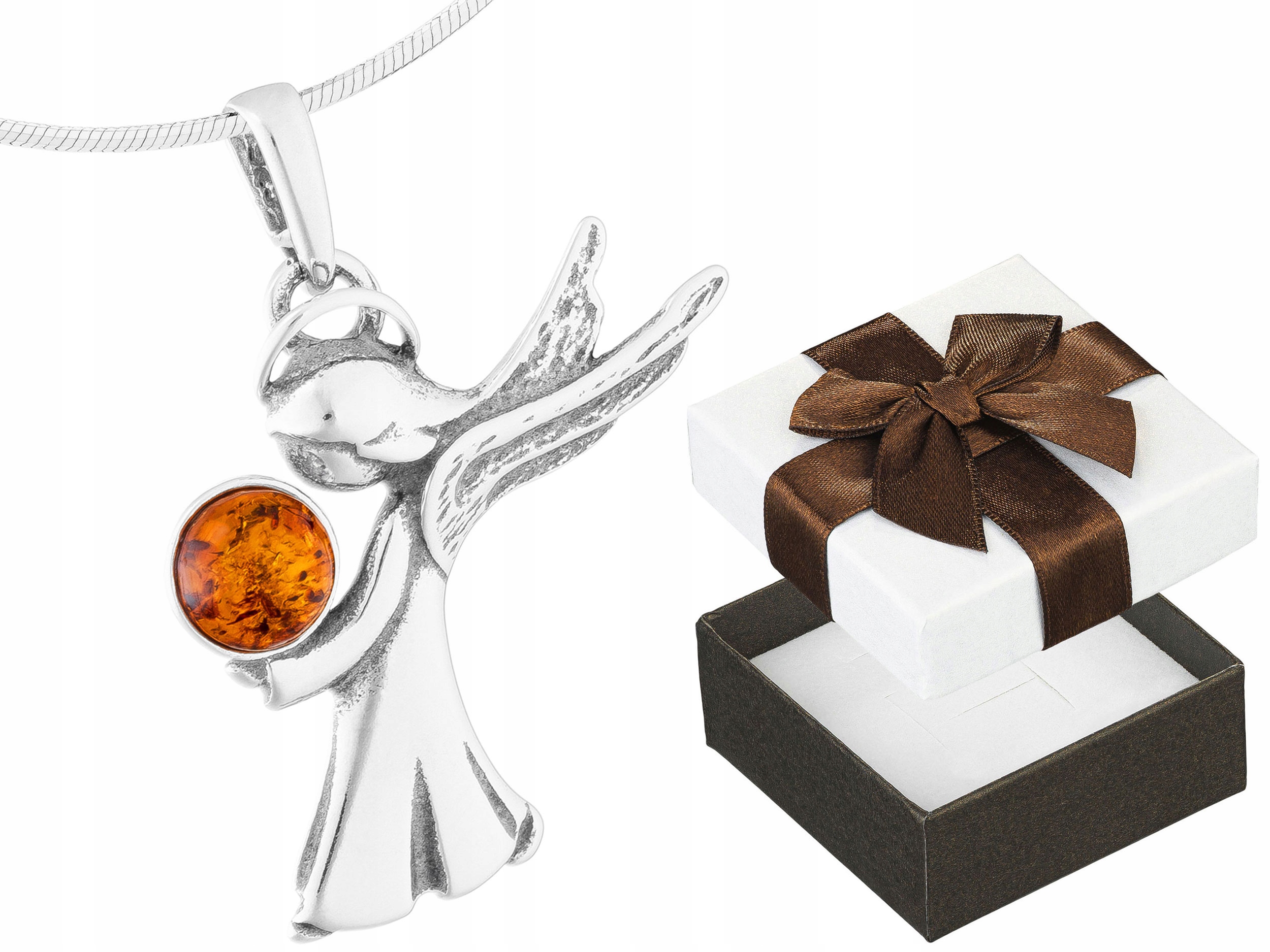 Krátký Stříbrný Dámský Náhrdelník Andílek s Jantarem Anděl strážný Stříbro 42