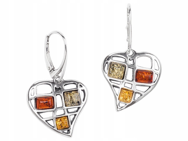 Stříbrné Náušnice Závěsné srdce s jantarem Anglické zapínání Stříbro 925