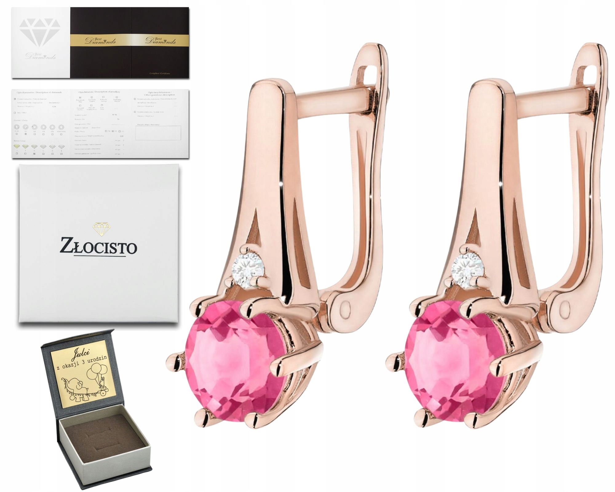 Růžové Zlato Náušnice S Růžovým Topazem A Brilianty, Anglické Zapínání