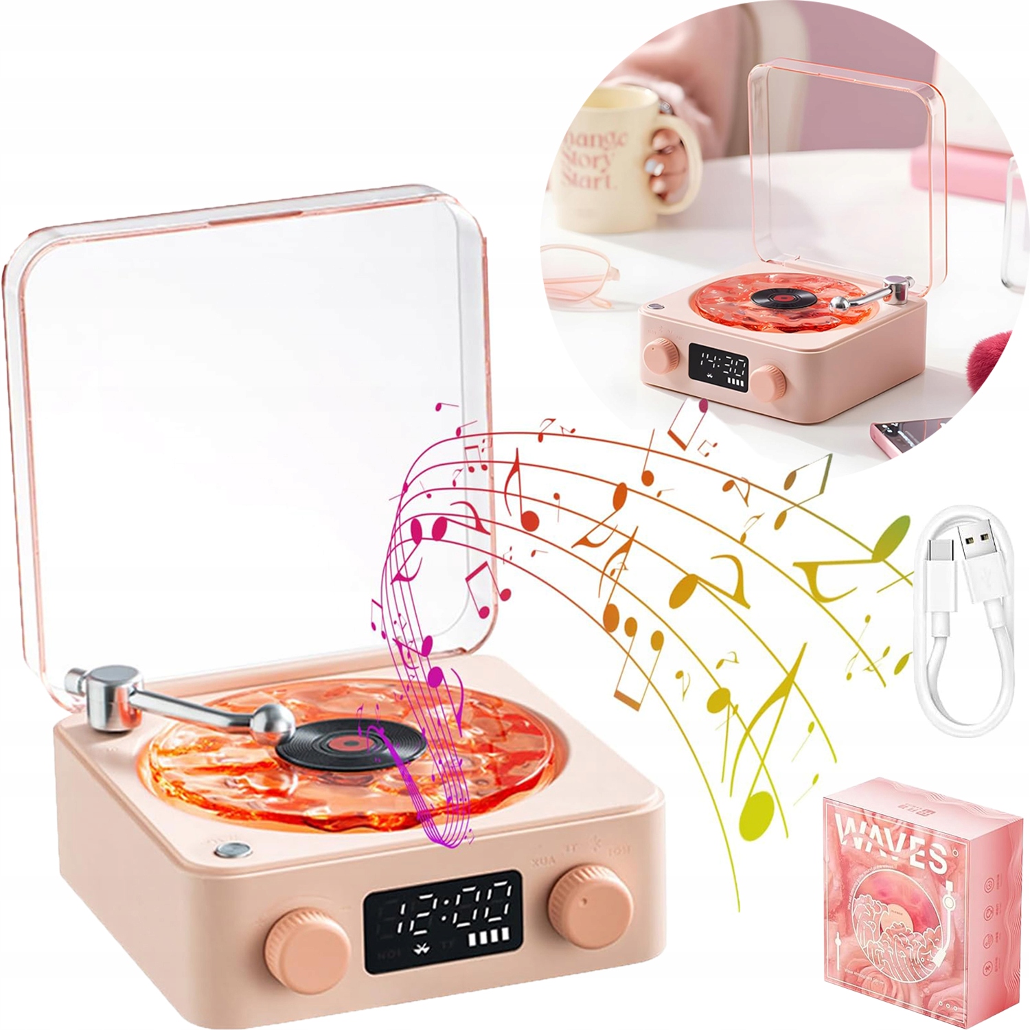 Gramofon z Bluetooth, styl retro, głośniki stereo, z lampką nocną.