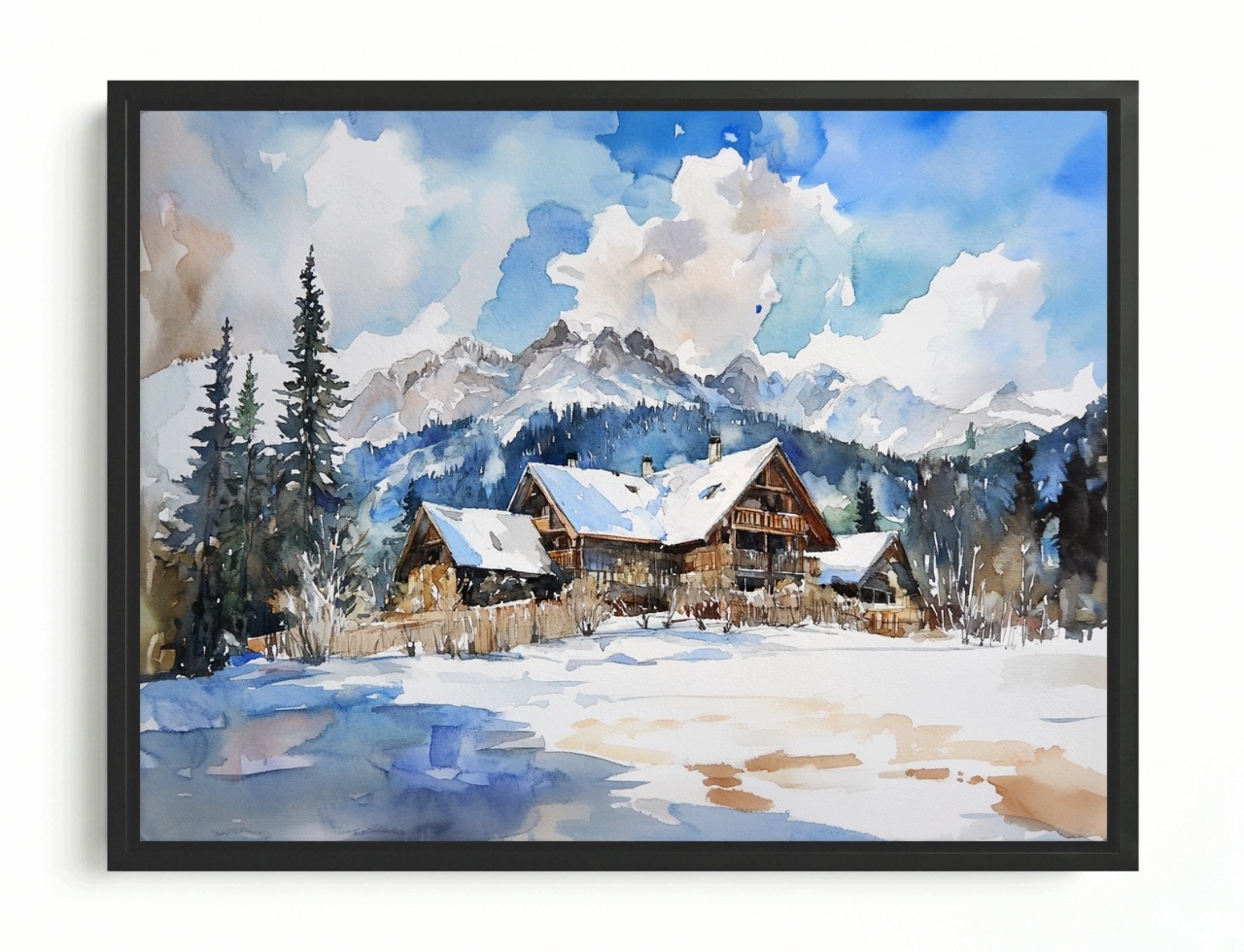 Obraz Rám Americký Box Zima Krajina Hory Akvarel Domky Alpy Sníh 80x60