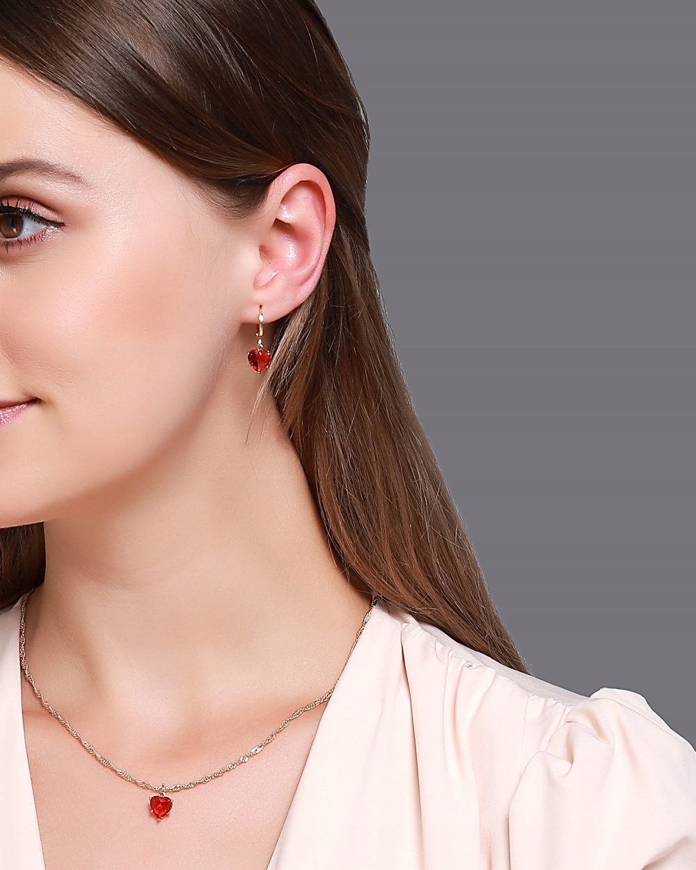 Zestaw Kolczyki Naszyjnik Serce Serca Love Złote Czerwone Rubinowe Ślub Materiał Inny