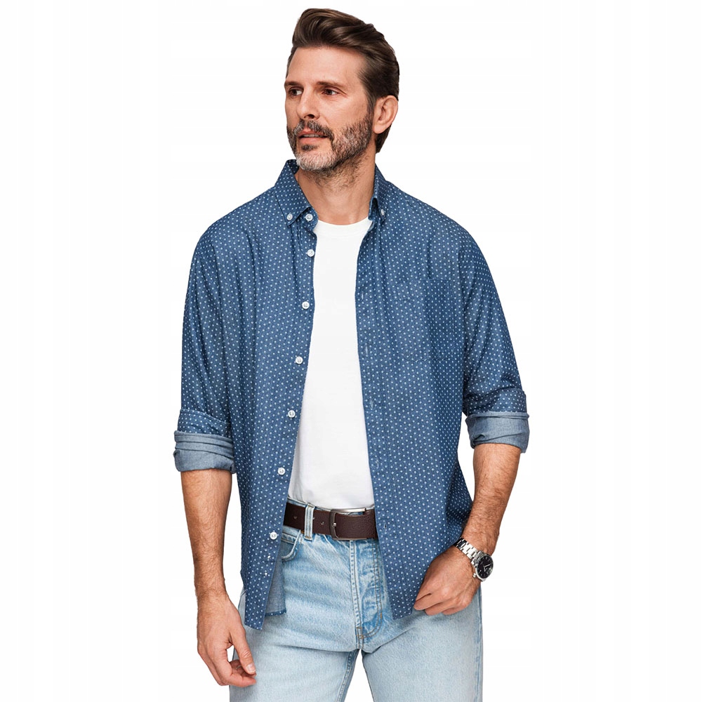 Pánská bavlněná košile z tenké džínoviny s modrým vzorem V1 K702, velikost L