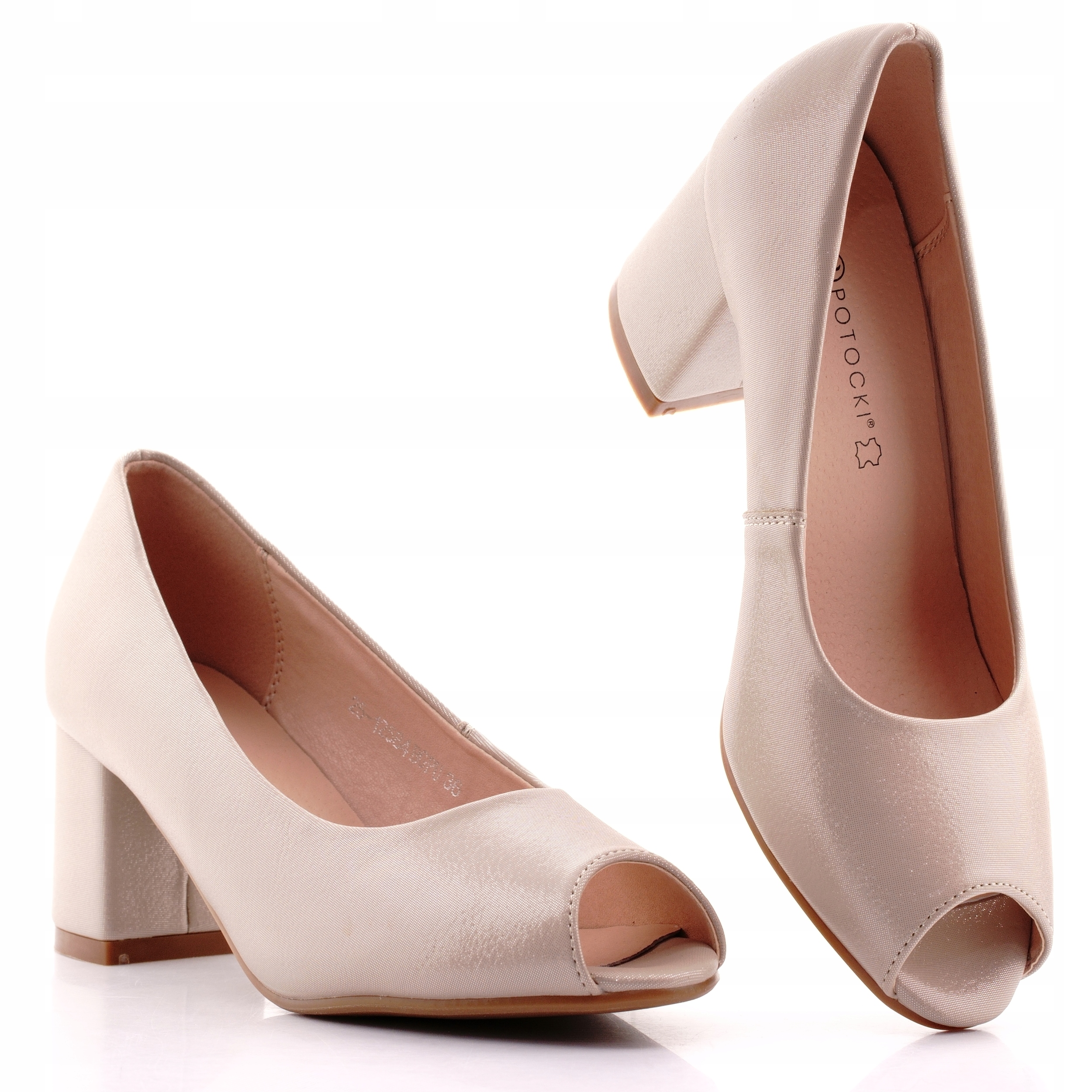 Potocki Czółenka Buty Damskie Na Obcasie Słupku Beżowe Wsuwane 12584 39