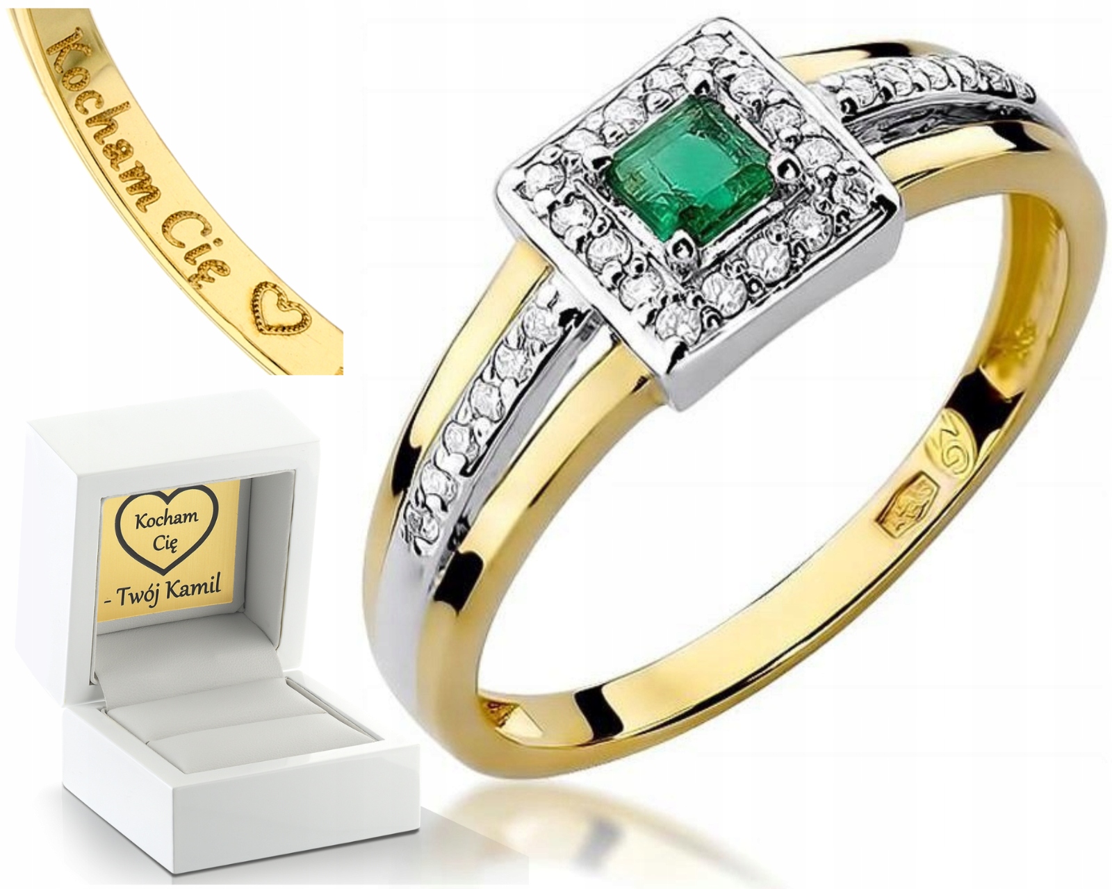 Prstýnek Smaragd Brilianty Zlato 0,14 Ct Gravírování