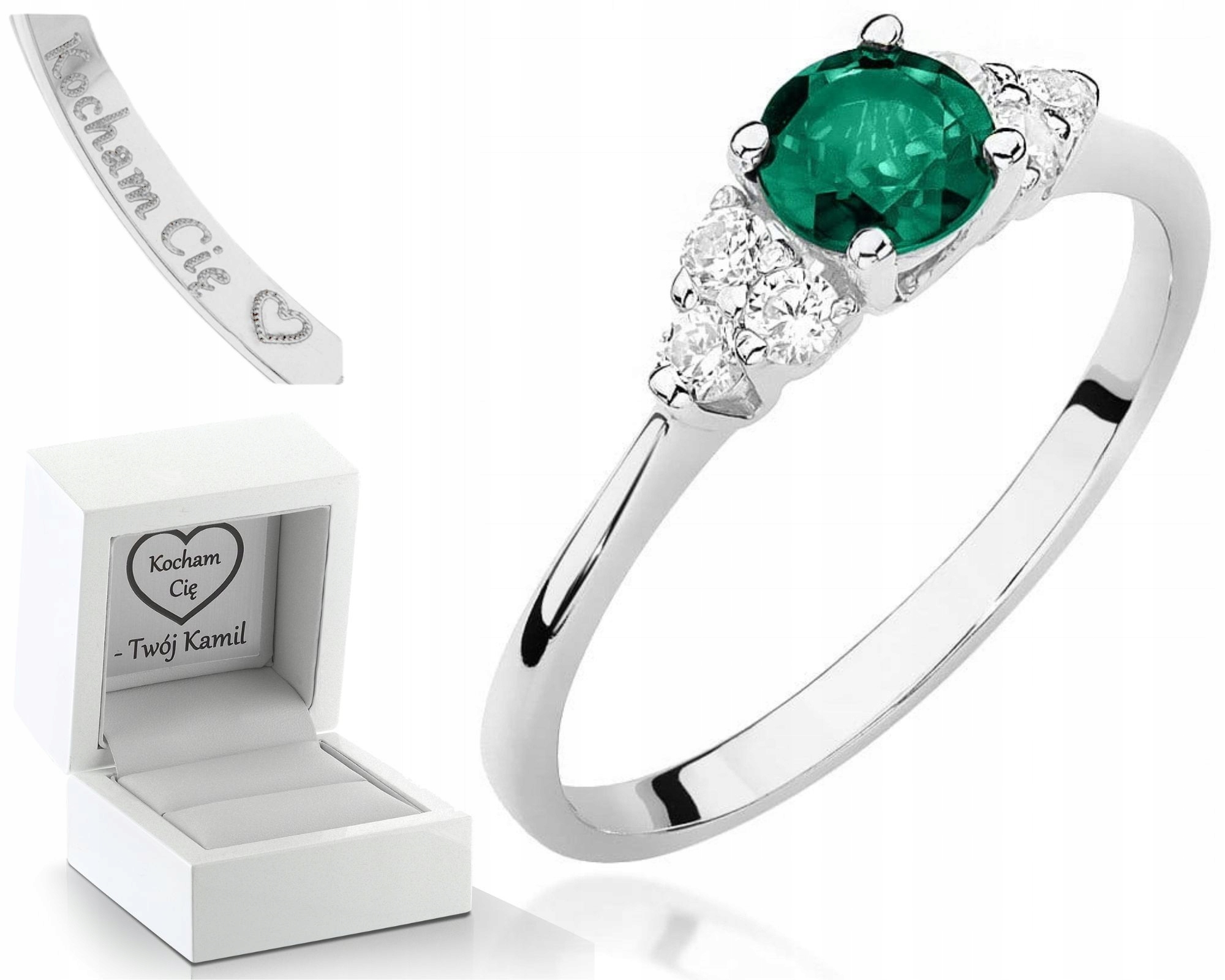 Zlatý Prstýnek Se Smaragdem, Bílé Zlato, Gravírování