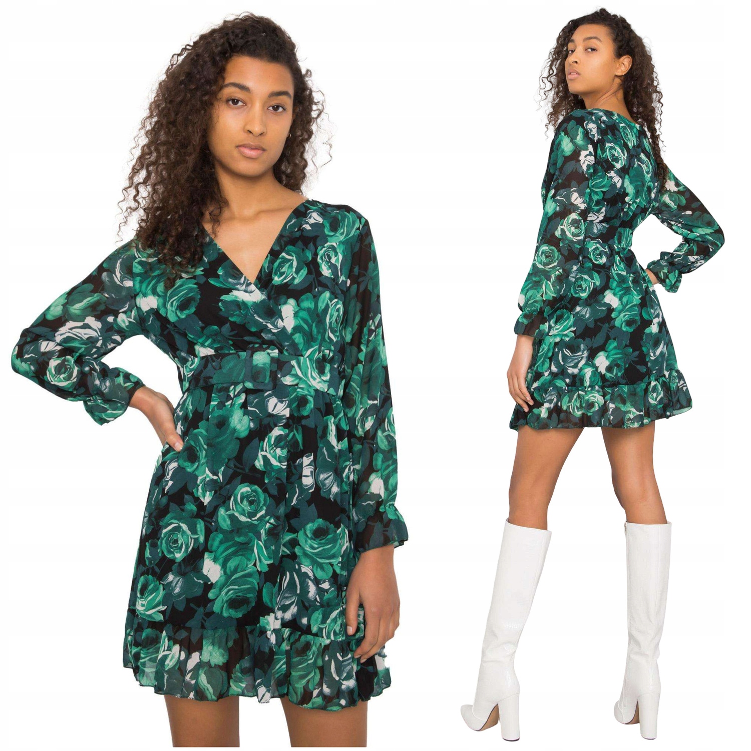 Sukienka Damska w kwity falbana kopertowy dekolt