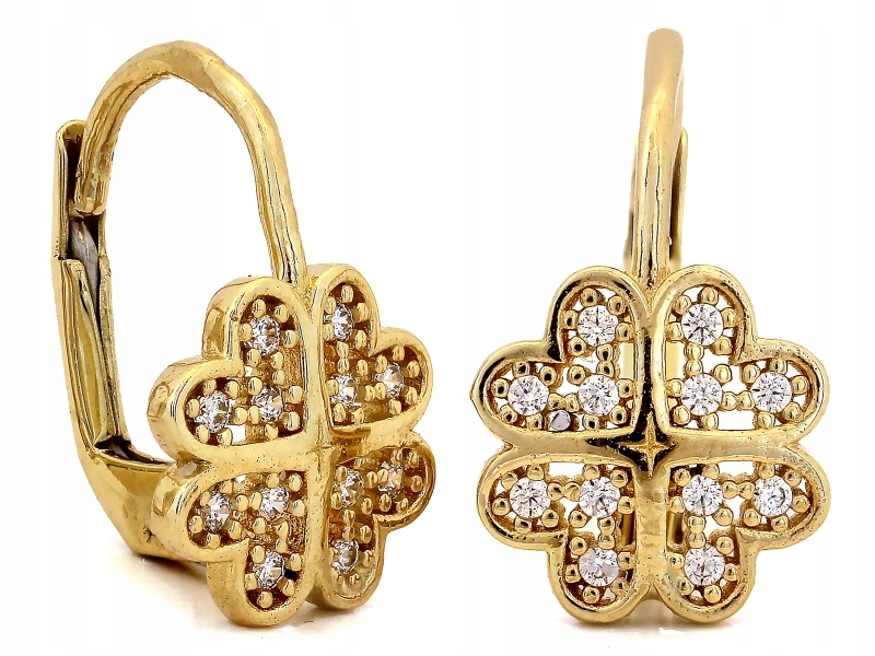 Zlaté náušnice 585 čtyřlístek osázený zirkony, anglické zapínání 14k