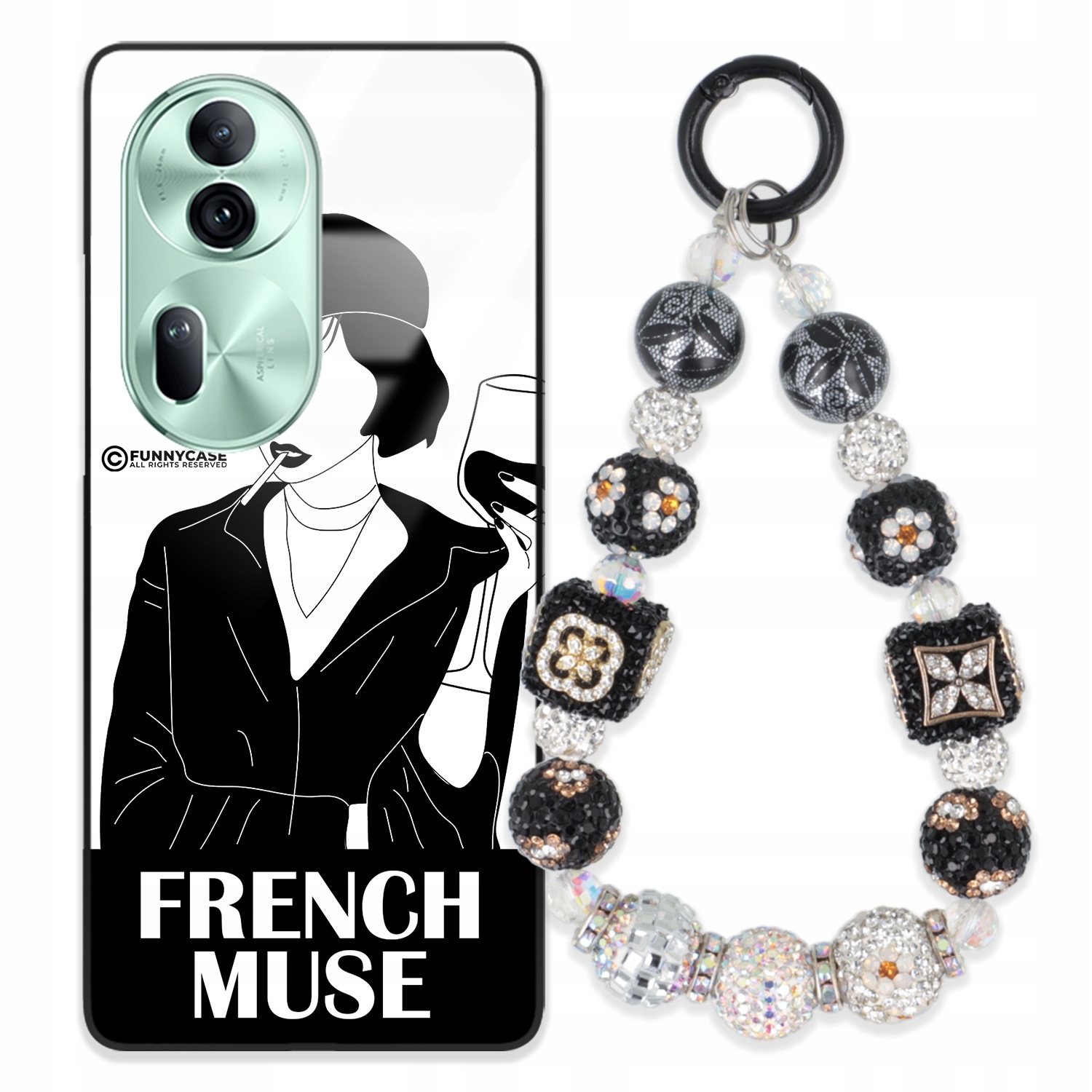 Puzdro Na Oppo Reno 11 5 G Glass Art Čiernobiela Kľúčenka, Strieborné Zirkóny