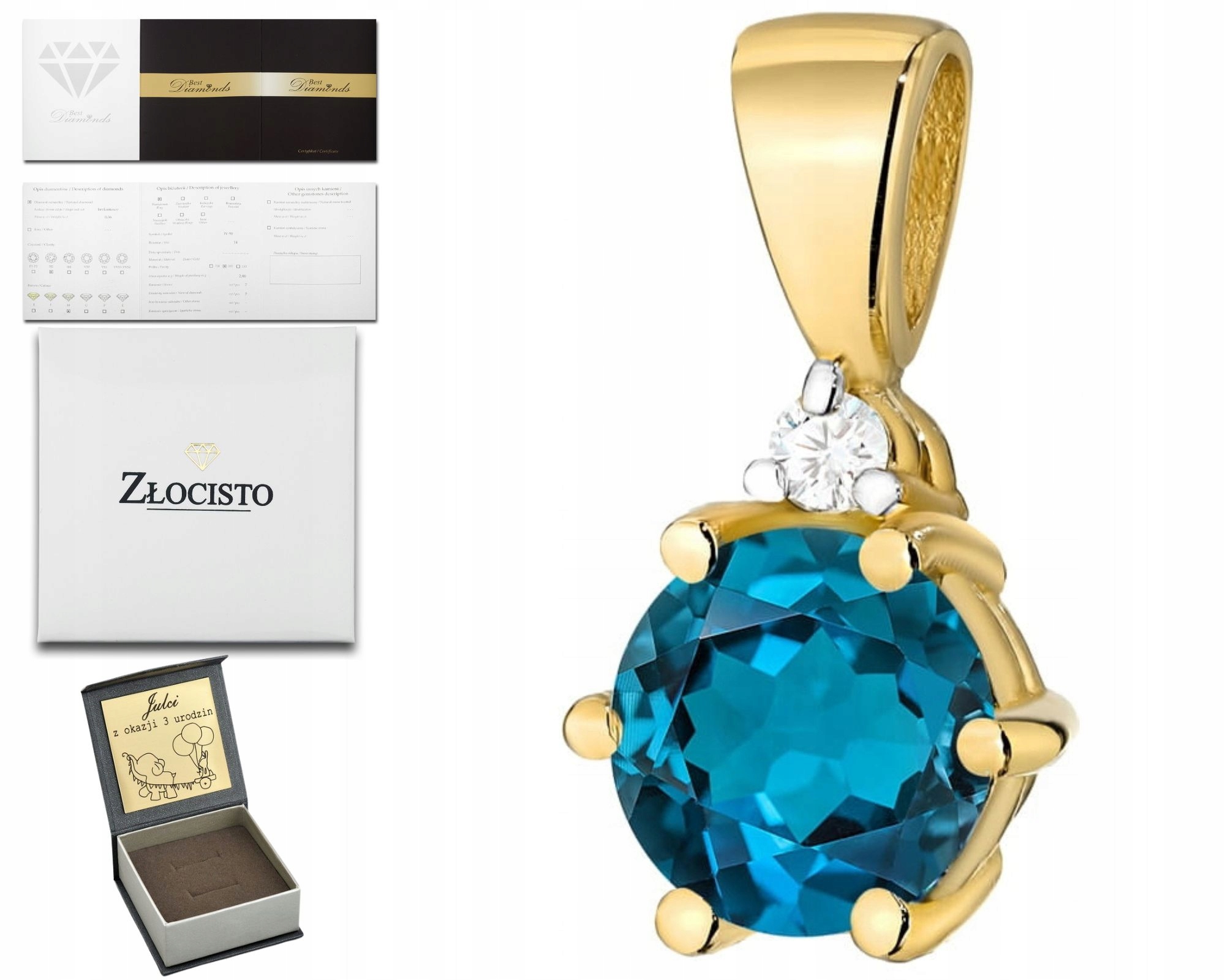 Zlatý Přívěsek Přírodní Kámen Topaz London Blue A Diamant 585 Dárek
