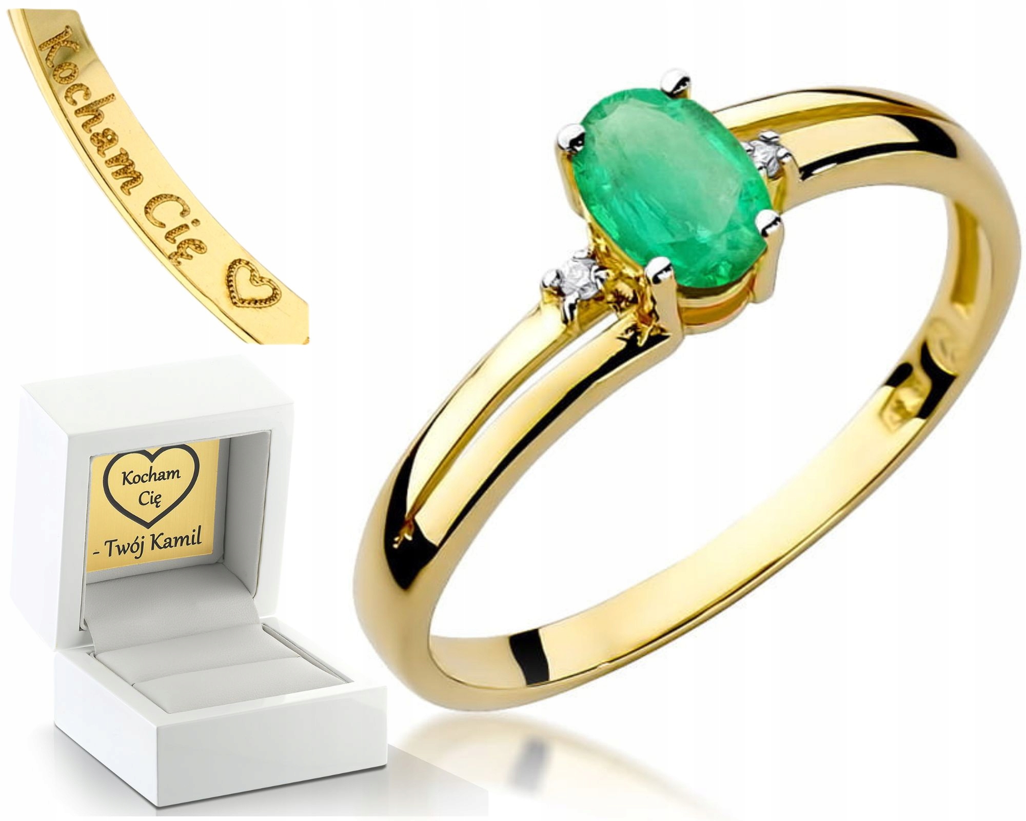 Zlatý Prstýnek Smaragd Brilianty Diamanty Gravírování 585 Dárek