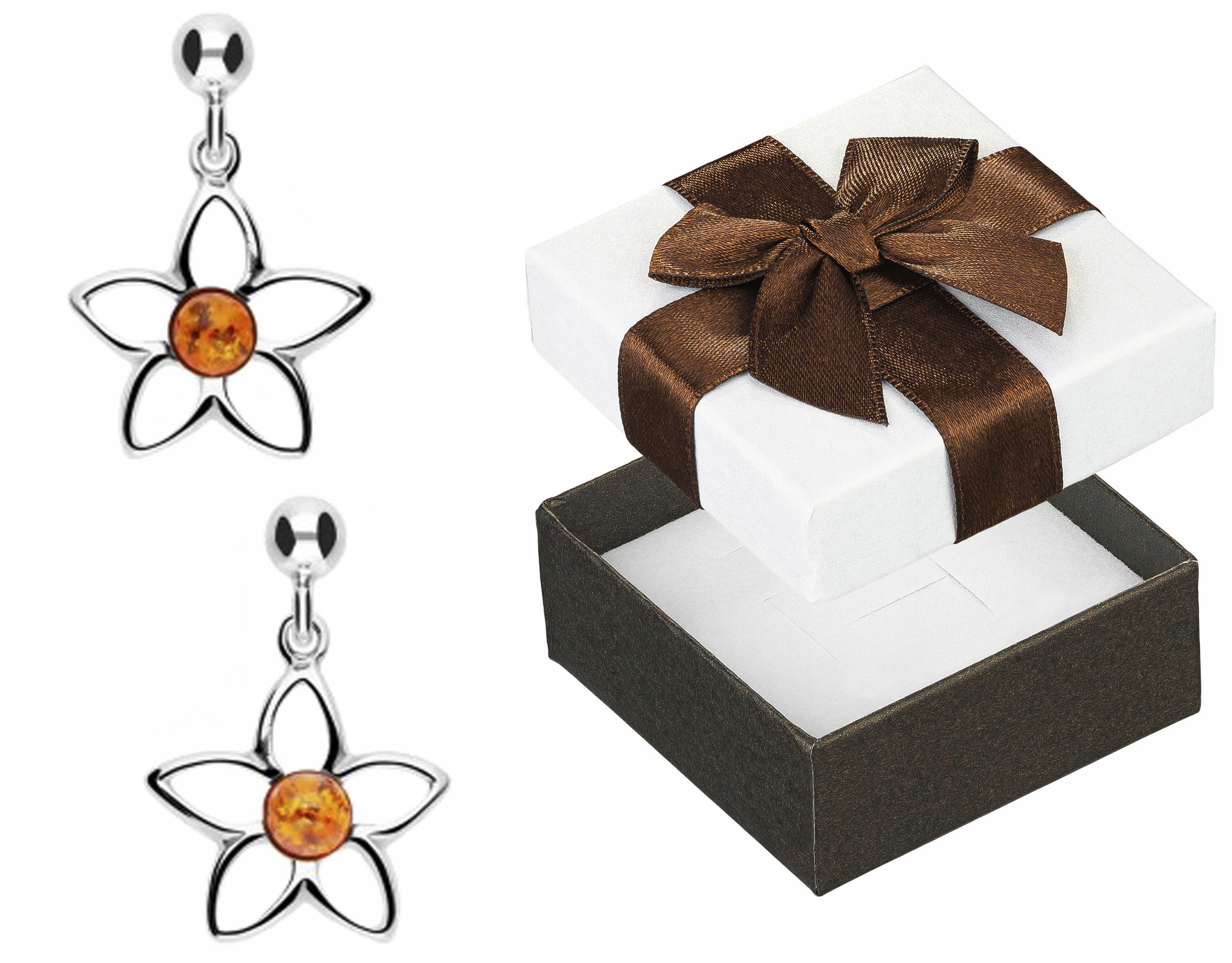 Stříbrné Náušnice Závěsné květiny s jantarem Dámské šroubky Květiny Stříbro