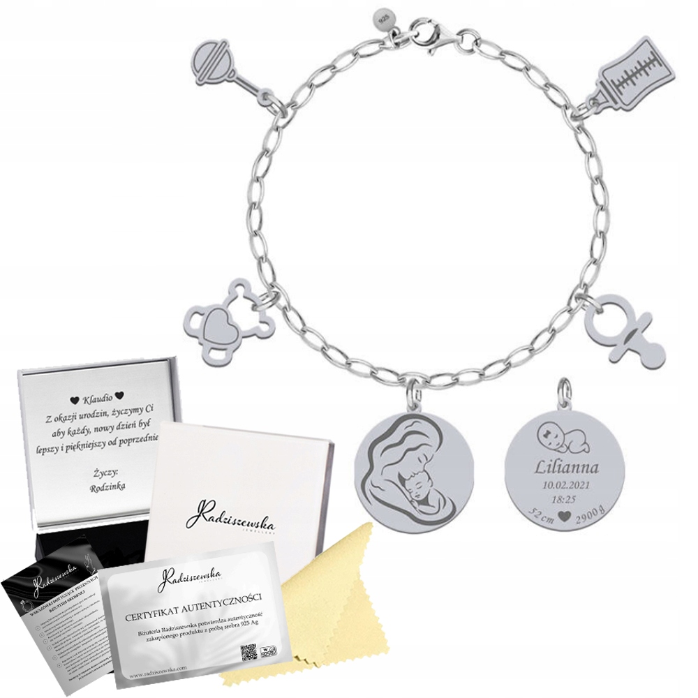 Stříbrný náramek se jménem dítěte Narození Jméno 925 Dárek Gravírování