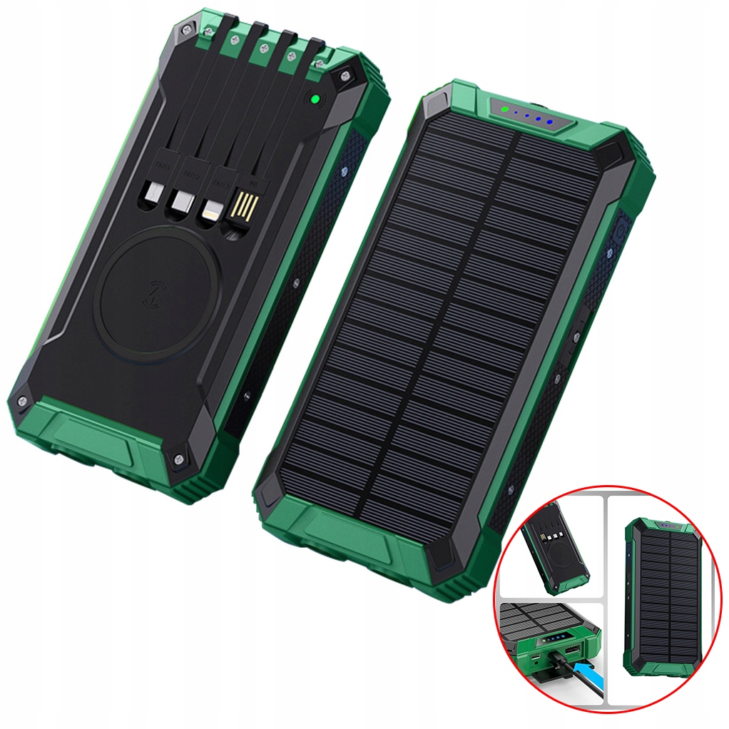 Solární Powerbanka 10000 Mah S Led Svítilnou Usb Zelená 4 Kabely Power Banka