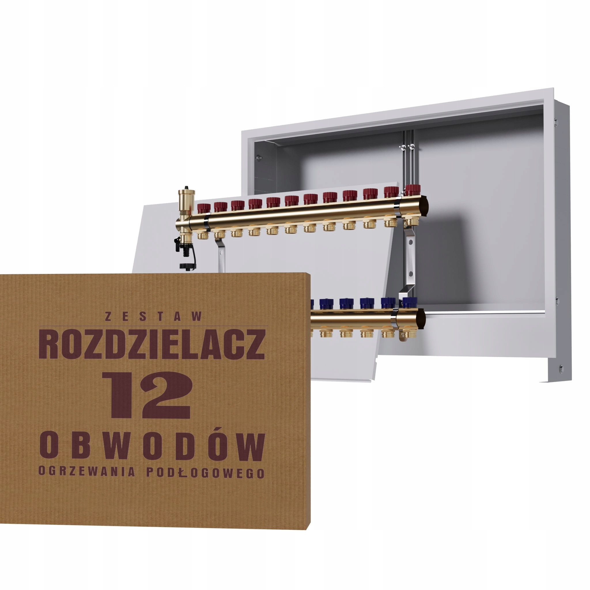 Manuální rozdělovač 12 okruhů pro radiátory podomítková skříňka