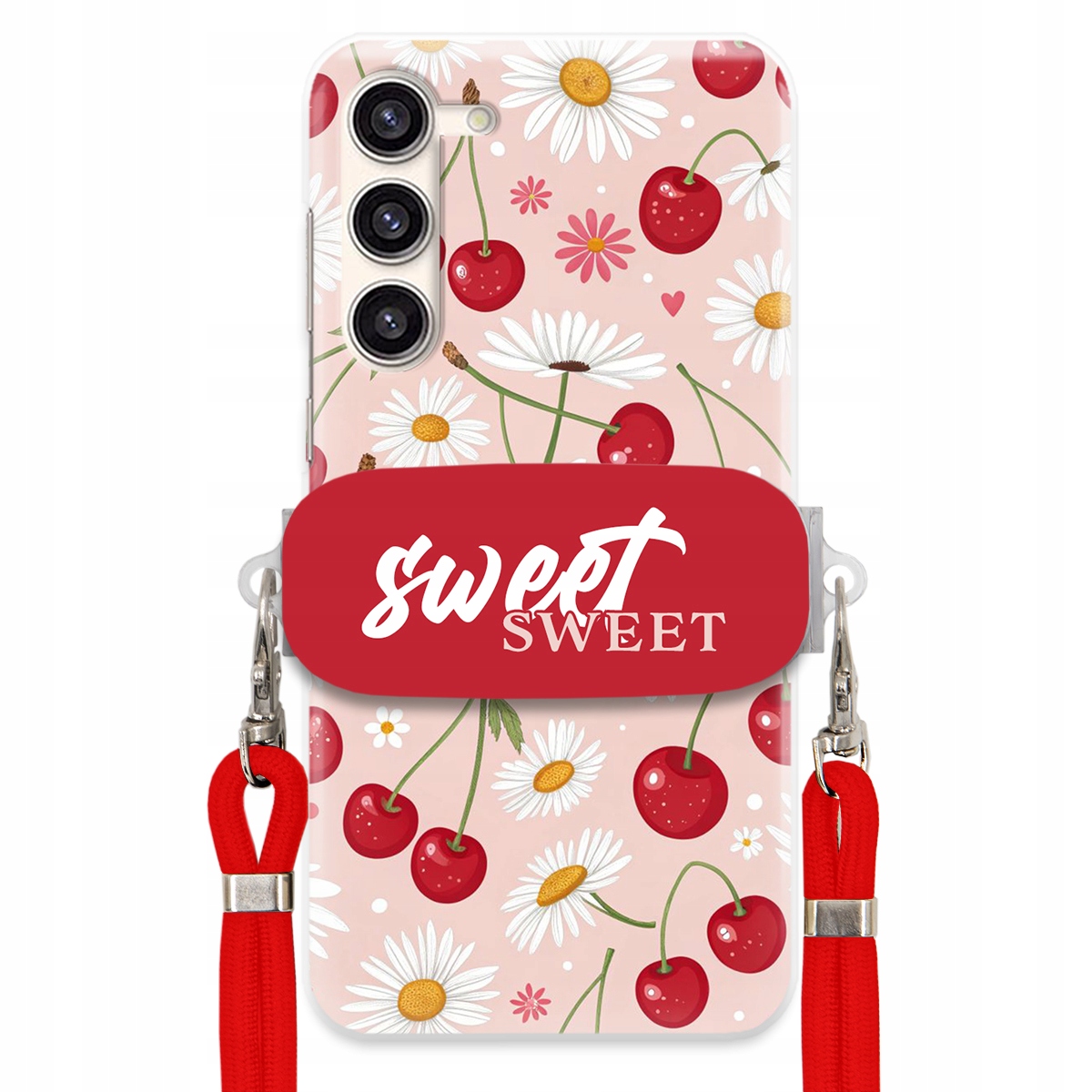 Puzdro pre Samsung S23 Červené vodítko Crossbody držiak Sweet Kvet čerešne