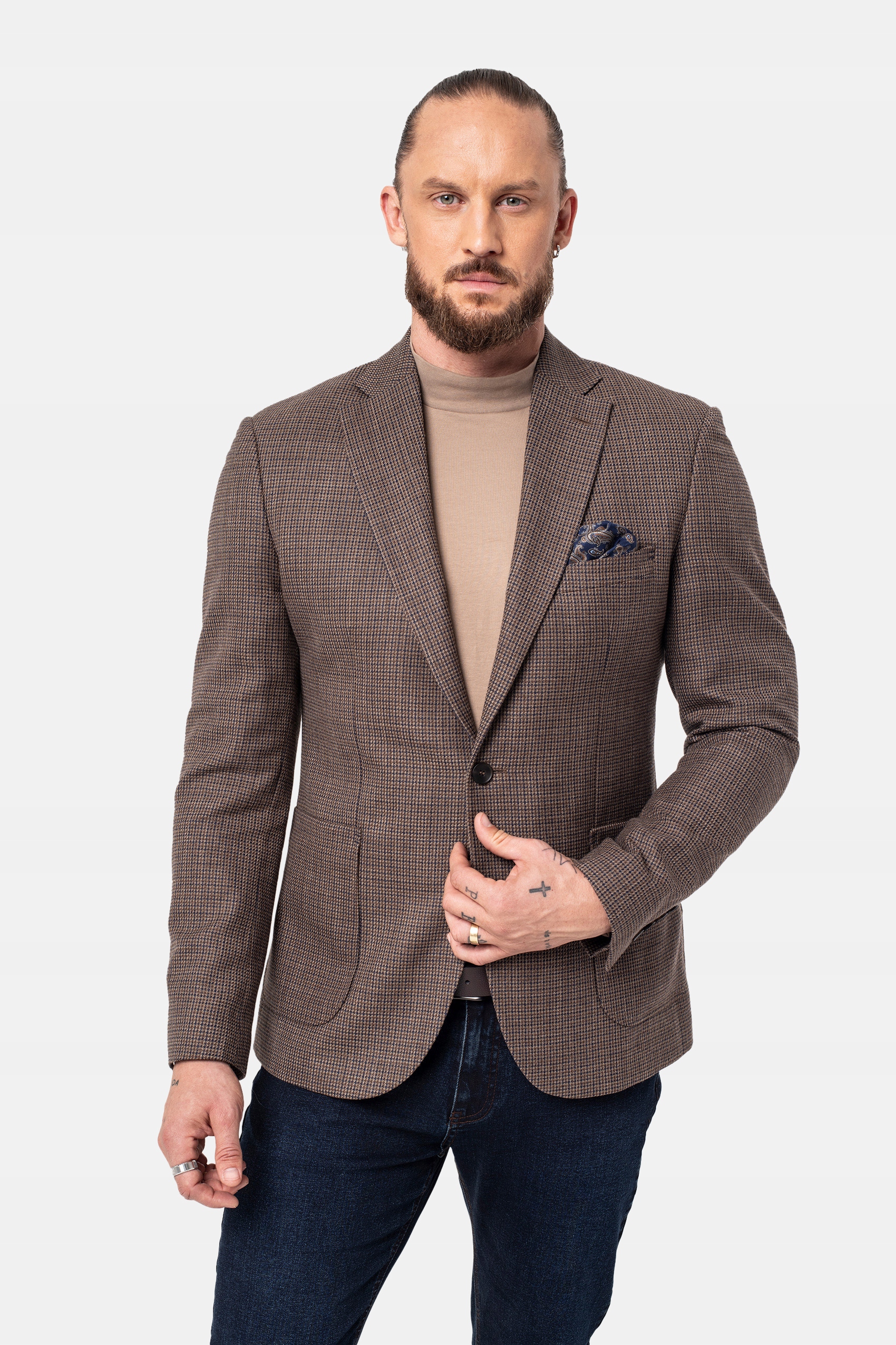 Marynarka Męska W Kratę Salas Brązowa Slim Fit 50