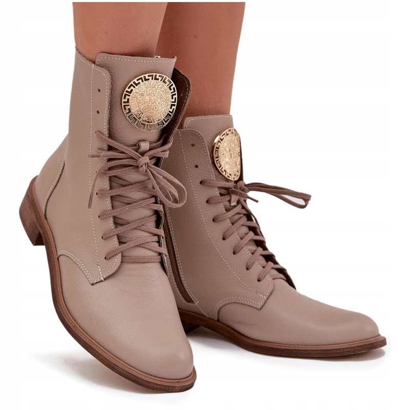 Dámské Kotníkové Boty Přírodní Kůže Zlatý Detail Plochý Podpatek Zazoo 3084 Béžová 35