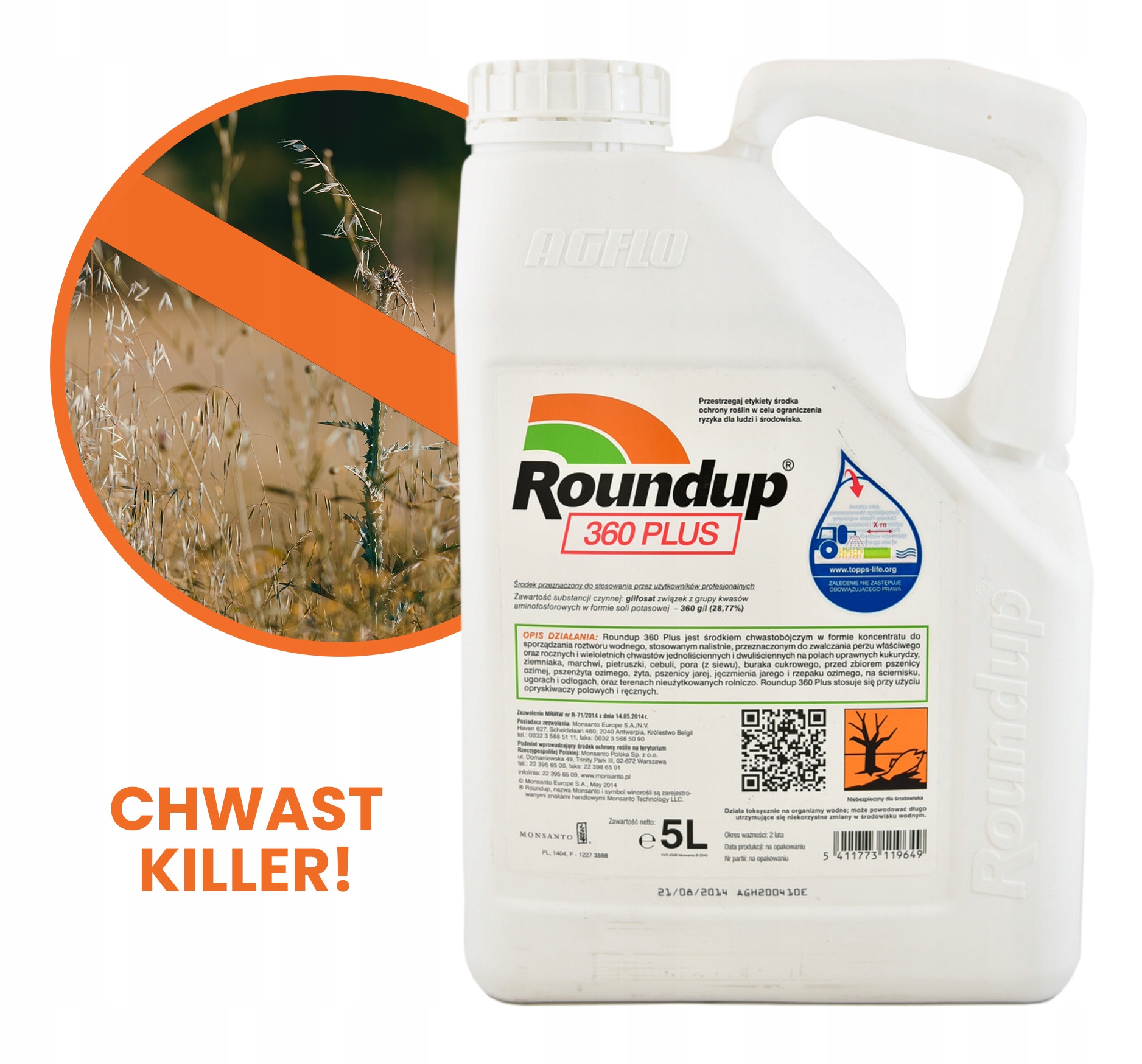 Roundup 360 Plus 5L Bayer środek na chwasty glifosat Na Wszystkie Chwasty