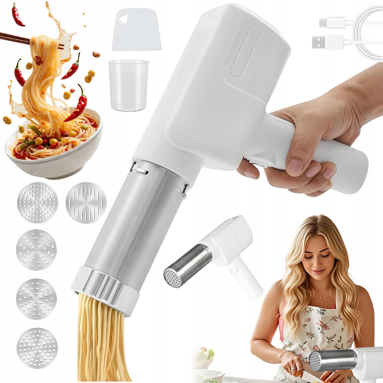 8V1 Sada Elektrický Strojek Na Výrobu Těstovin 2000 Mah, 5 Formiček