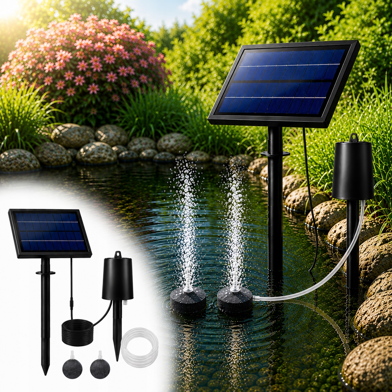 Solárny prevzdušňovač jazierka AP016 – 2200 mAh batérie, 3 režimy, 8 W panel