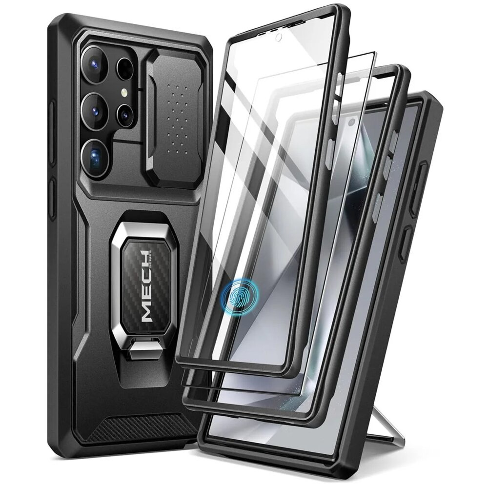 Pouzdro pancéřové pro Galaxy S24 Ultra, Mech krytka fotoaparátu, podstavec, sklo