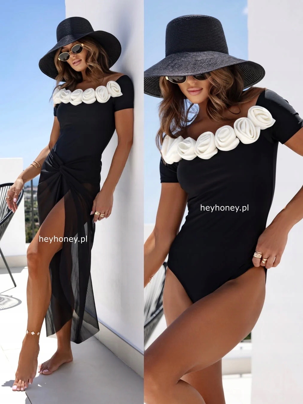 Jednodílné plavky s sukní a růžemi Černá Venice M/L