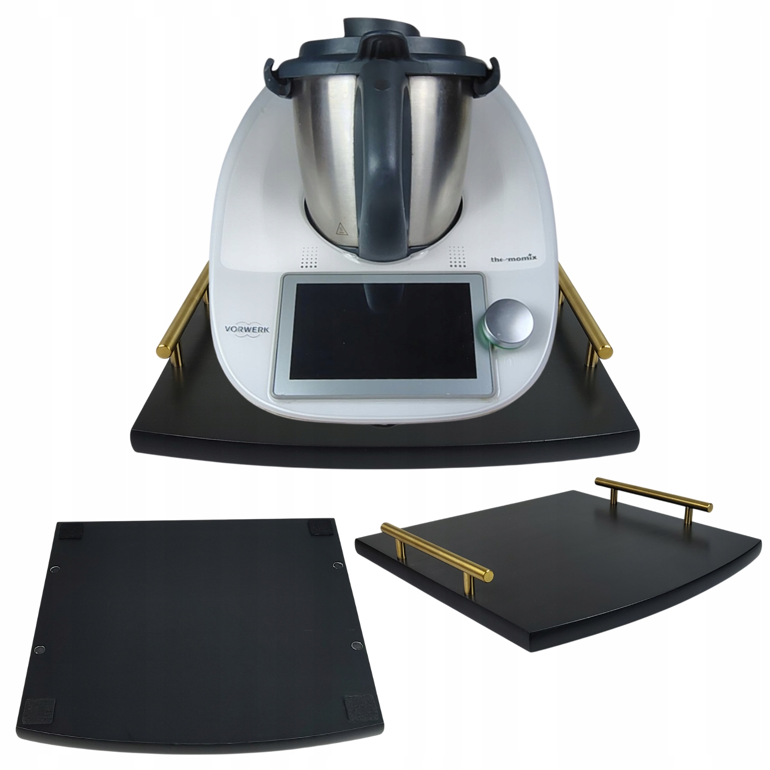 Podstavec Podložka Dřevěná Thermomix Termorobot Kovové Úchytky Černá