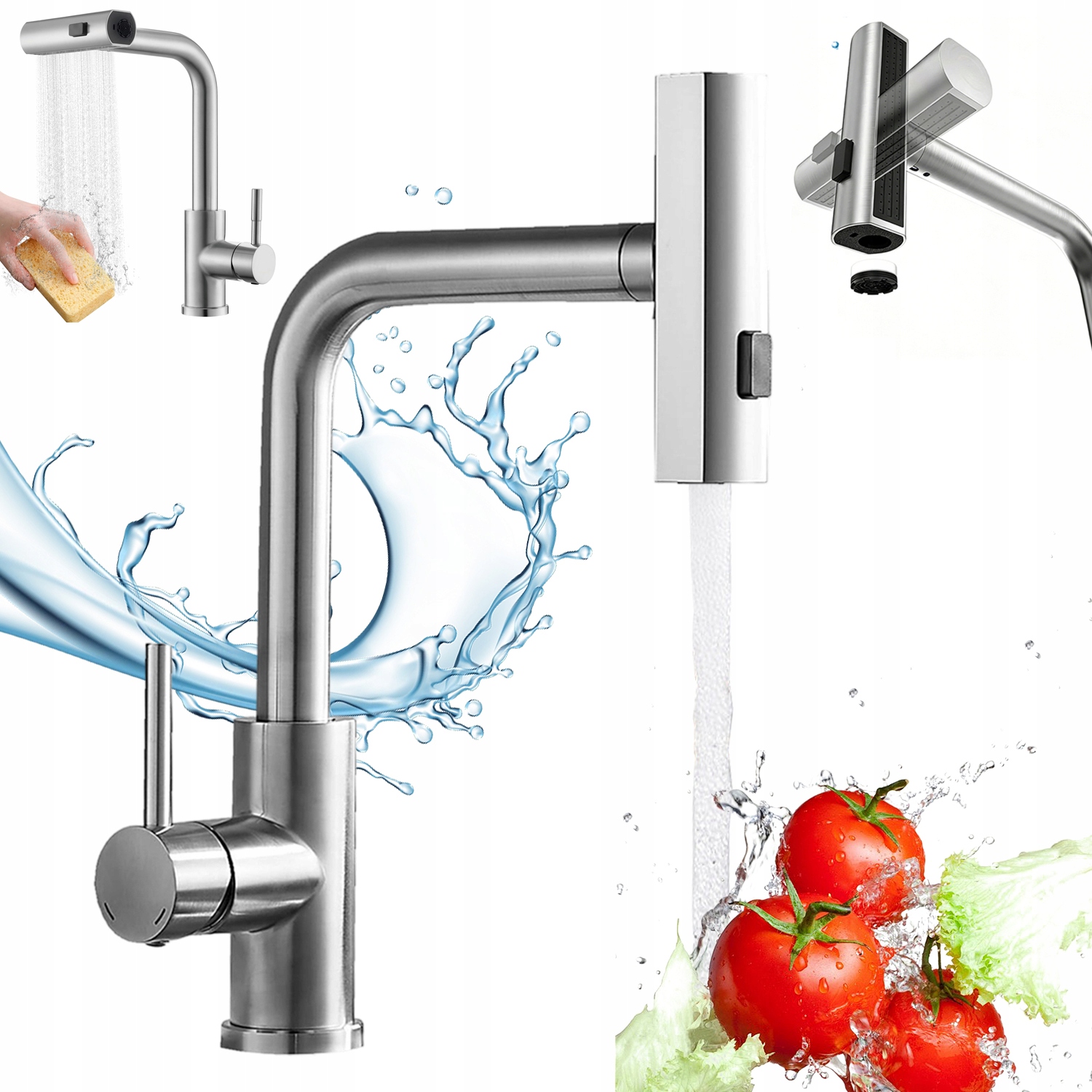 Vysoká Stříbrná Dřezová Kuchyňská Baterie – Vytahovací Sprcha, 3 Režimy