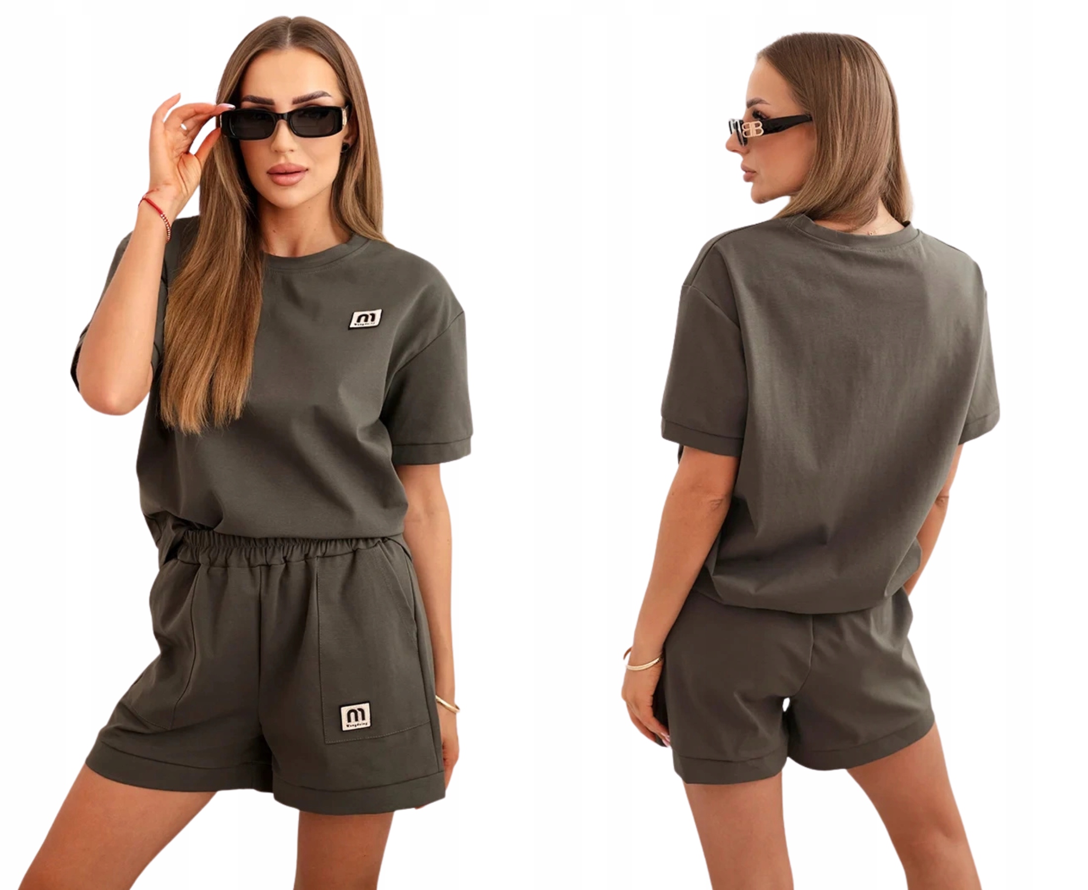 Khaki tepláková souprava s krátkým rukávem a šortkami