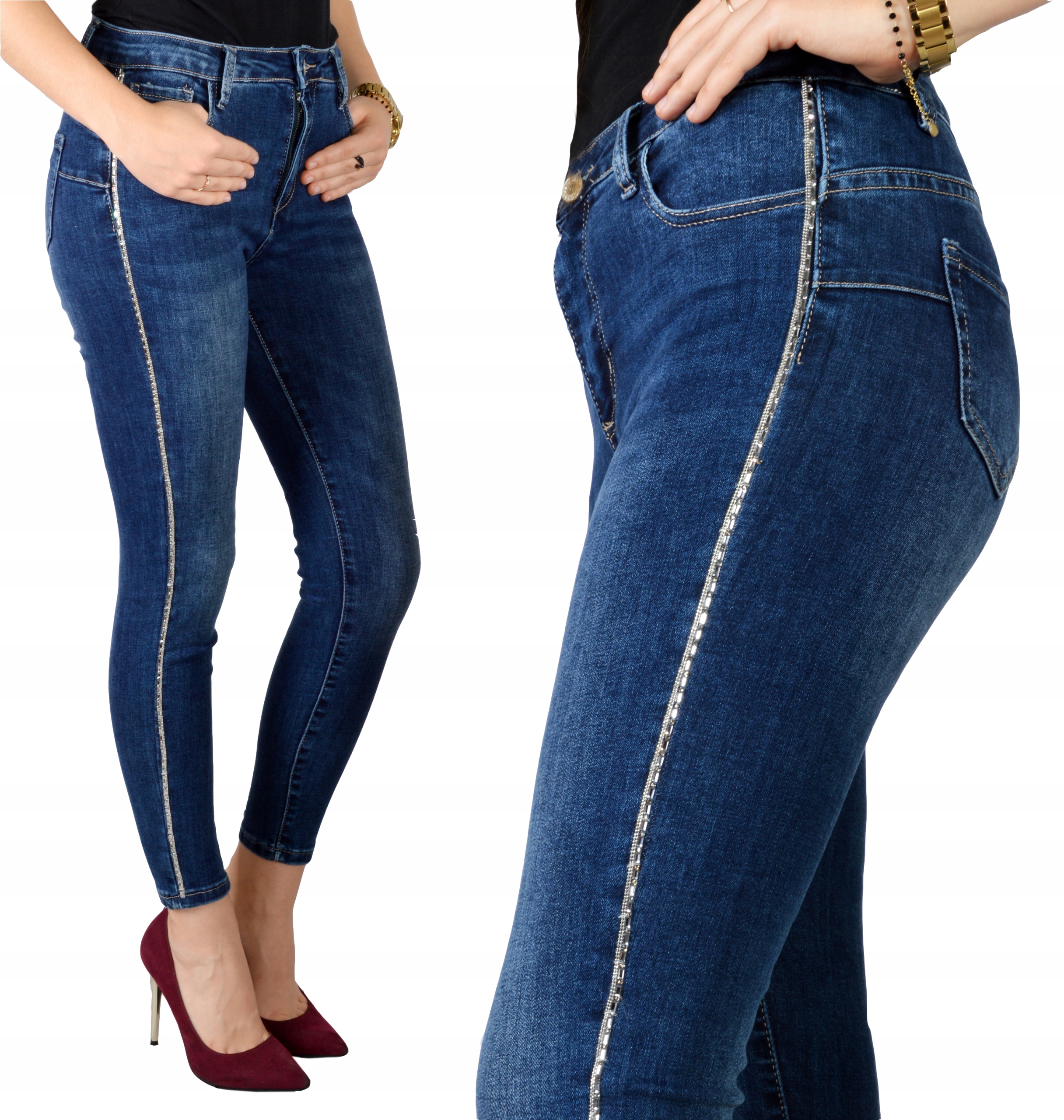 

Jeansy Damskie Spodnie Modelujące Jeansowe Lampasy