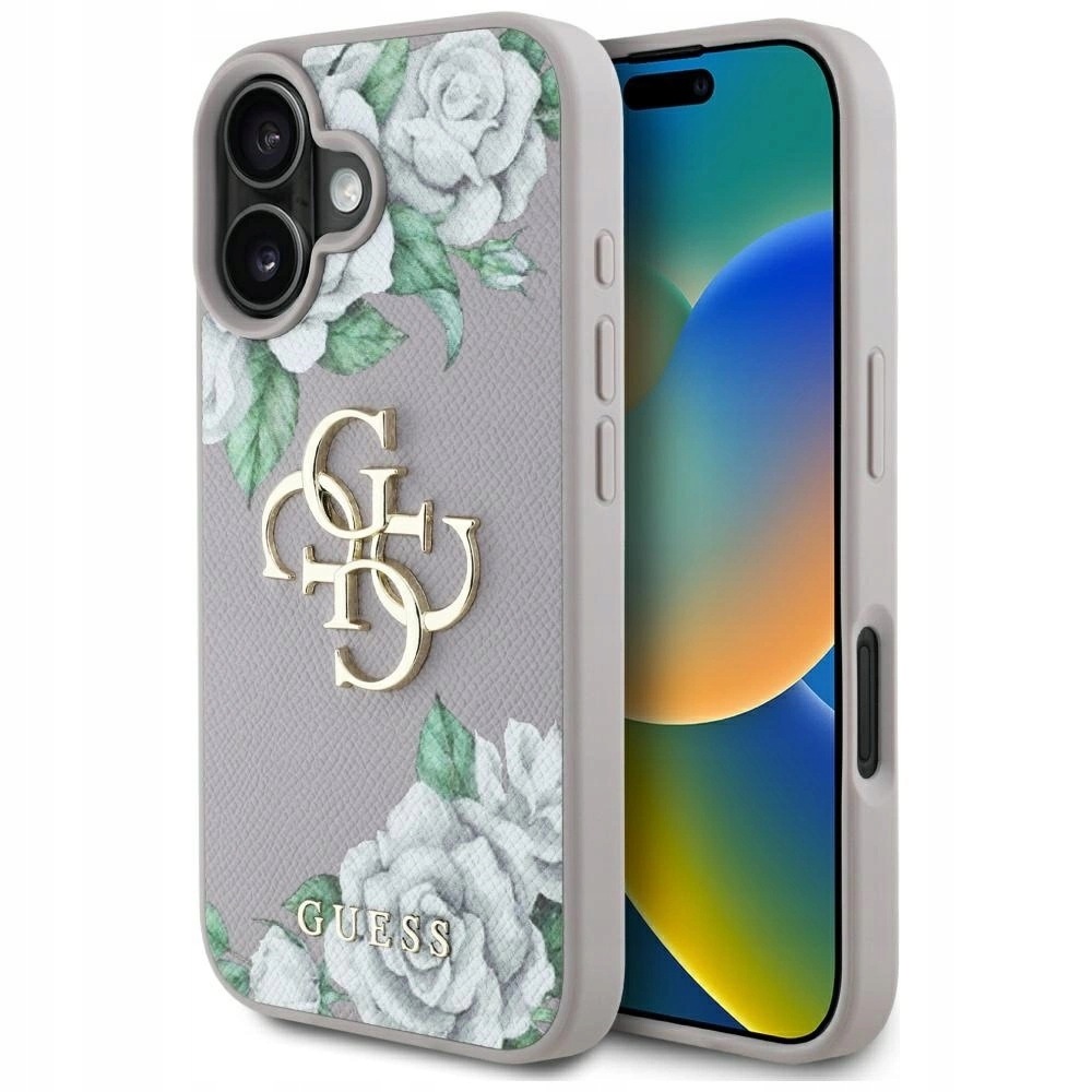 Pouzdro Guess Grained Roses Big 4G s logem na iPhone 16 fialové