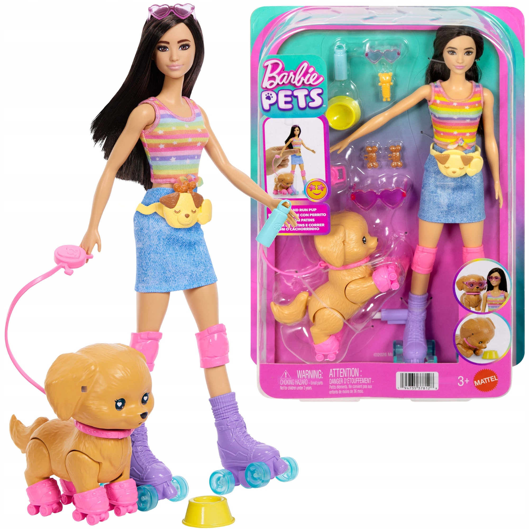 Barbie Lalka brunetka na wrotkach i piesek JMJ45