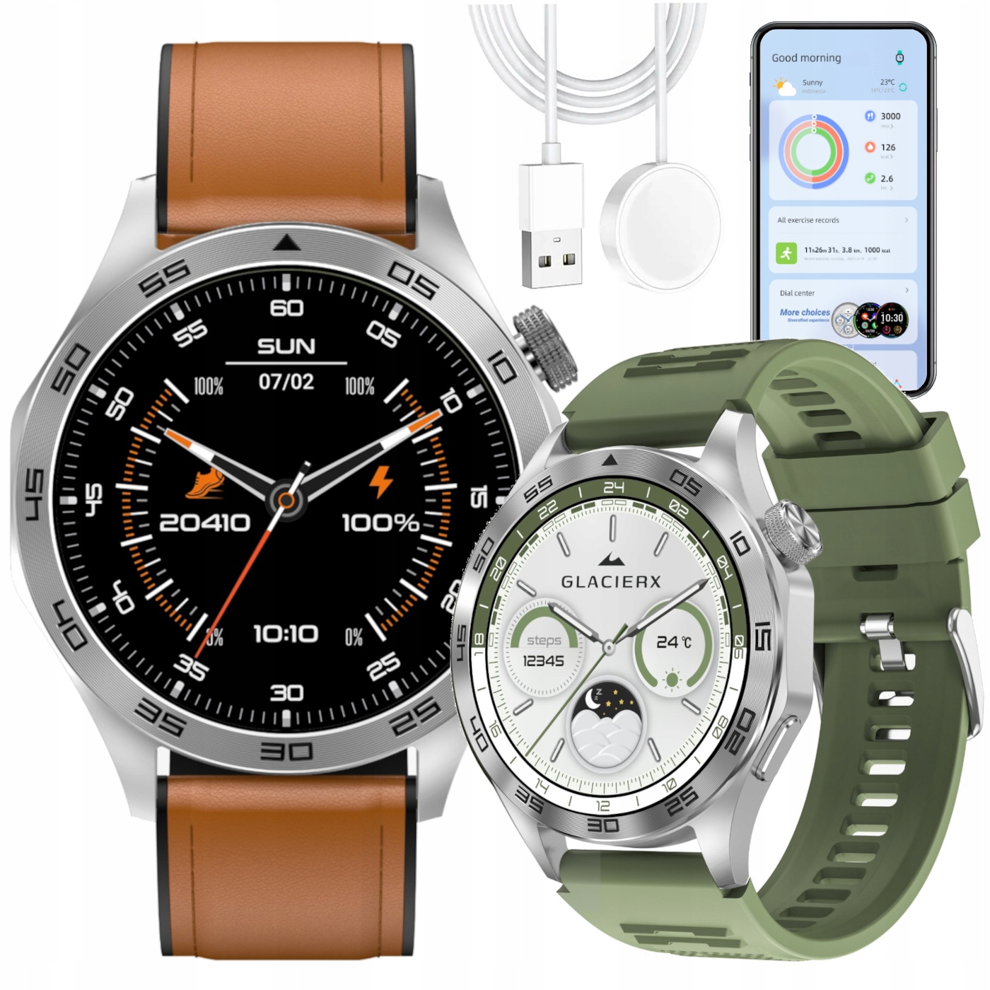 Smartwatch Zegarek Męski sport Rozmowy Gps Menu Pl GlacierX Noir Dwa Paski