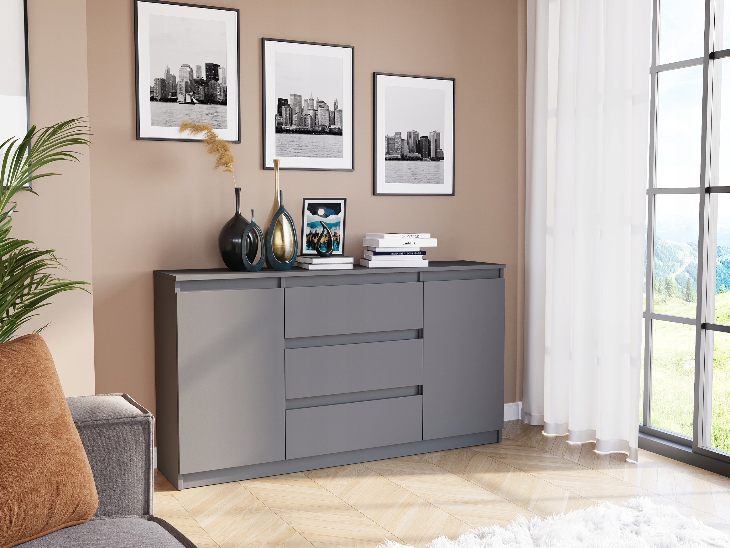 KOMODA 140 SZAFKA 3 SZUFLADY 2 PÓŁKI R-140-S3 ANTRACYT