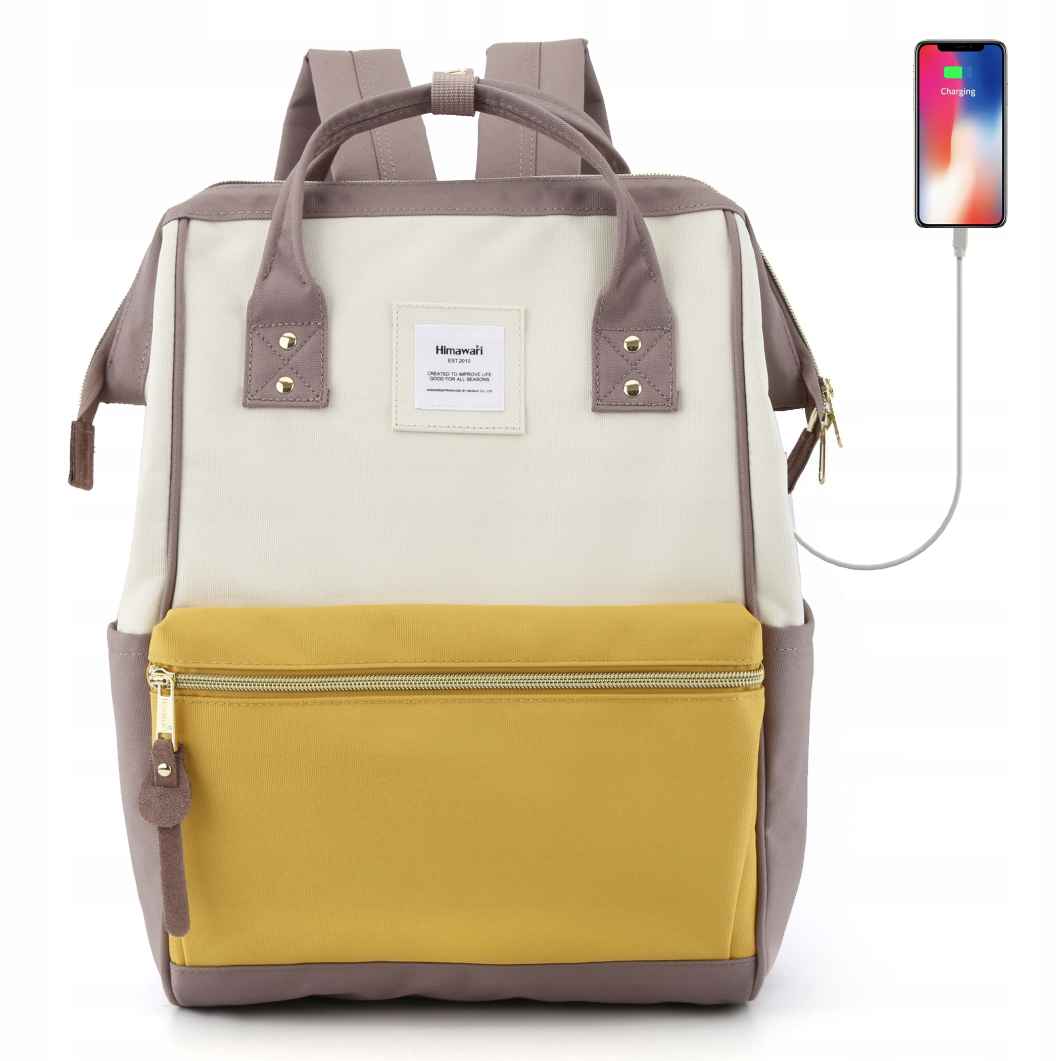 Dámský školní batoh Himawari 9001 Usb liliově-béžovo-žlutý