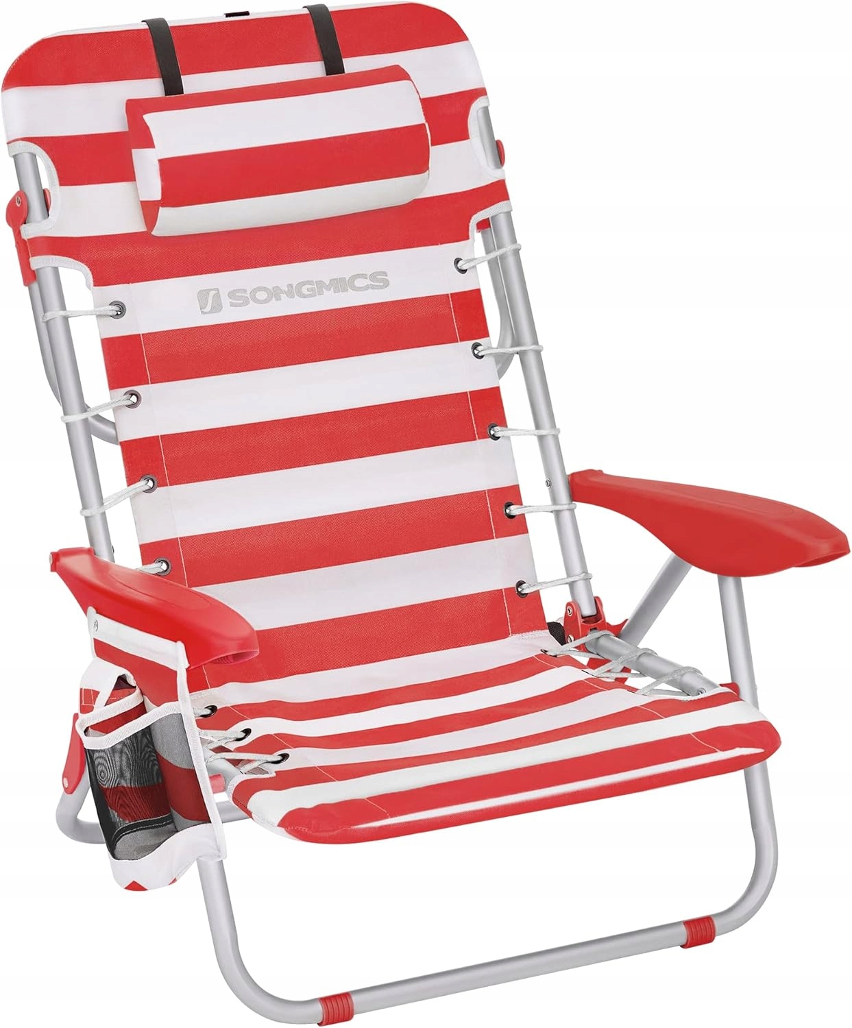 Songmics skládací plážová židle – 150 kg, nastavitelná, opěrka hlavy, červená