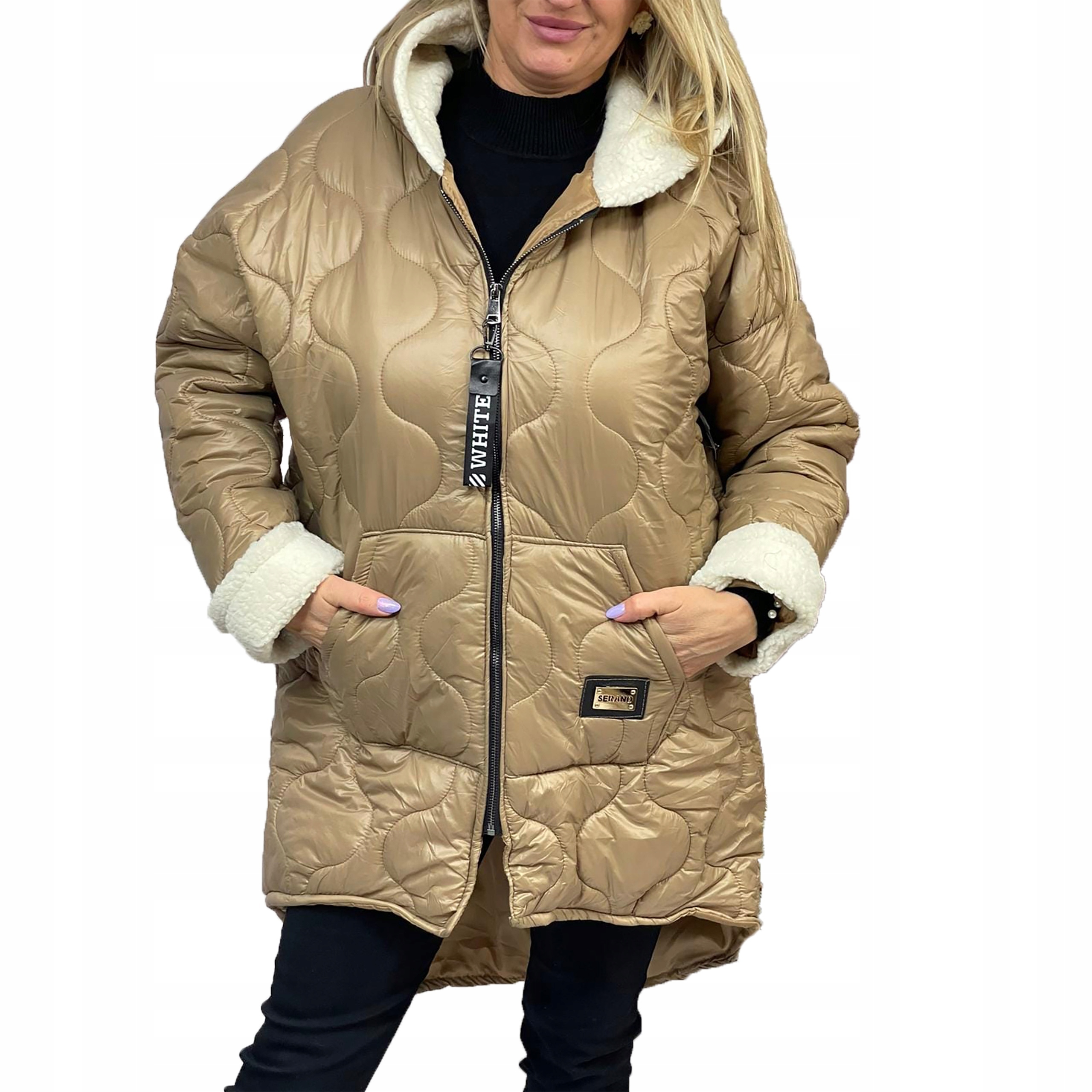 K400 Dlouhá Prošívaná Bunda S Kapucí Béžová vel. 52 (6XL)