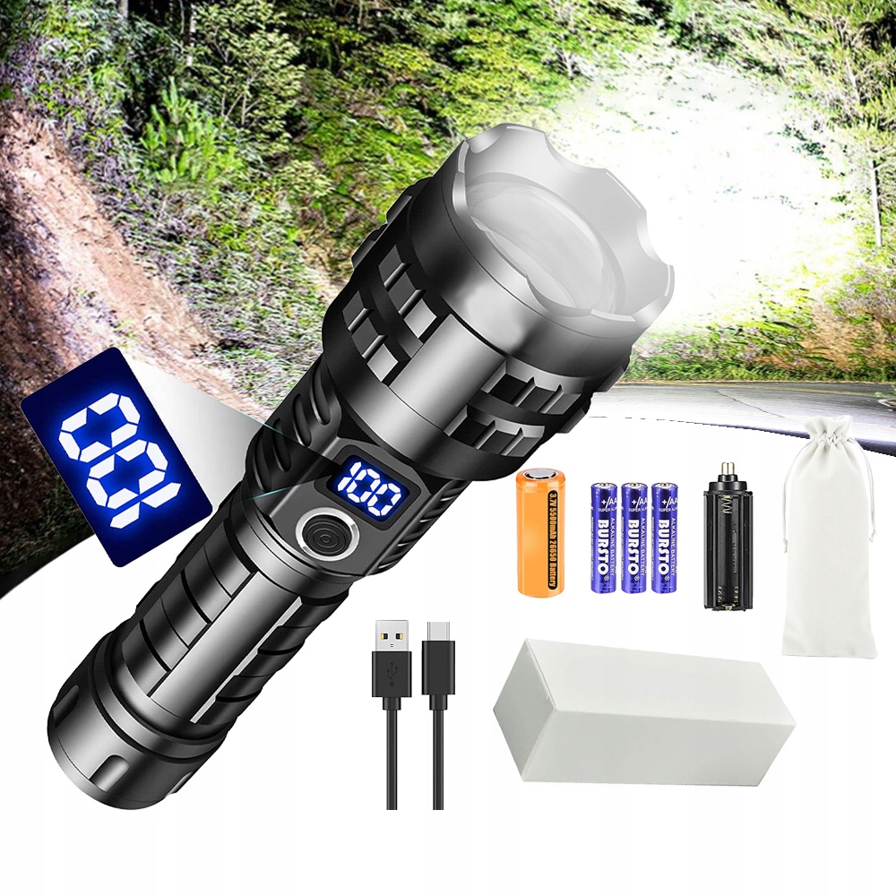 Mocna Latarka Taktyczna 15000 Lumenów Usb Wojskowa z Bateria