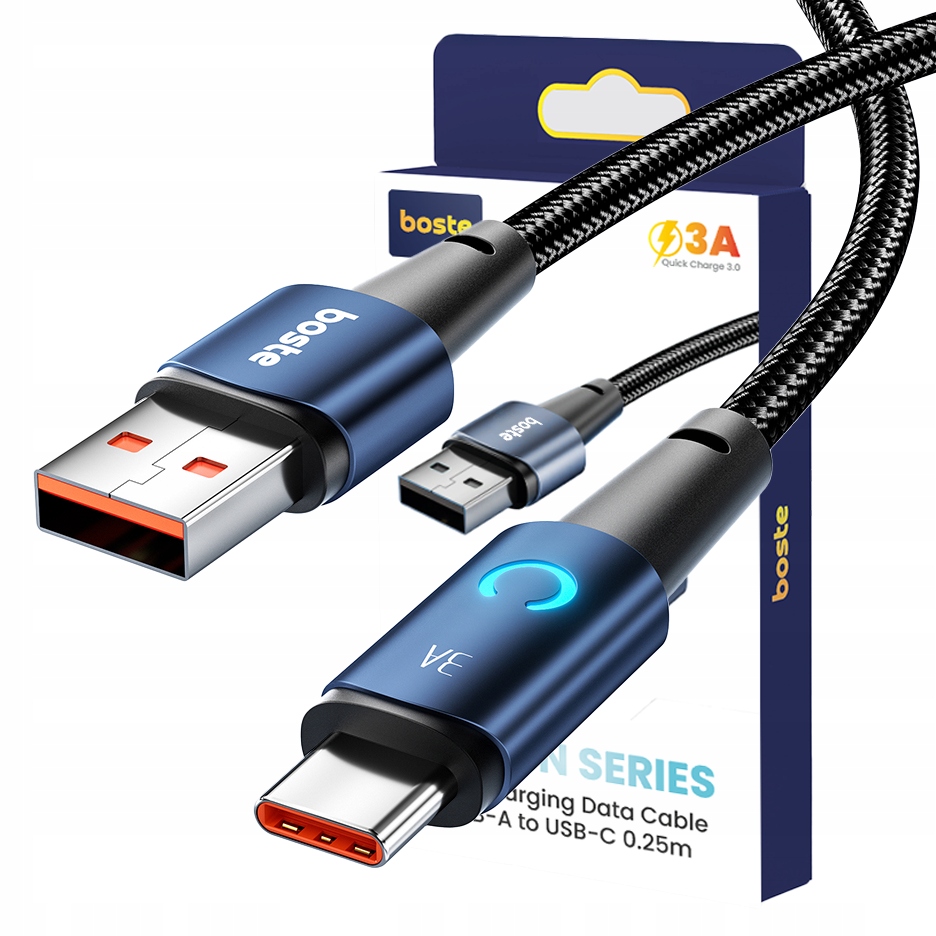 Boste Przewód Kabel Usb-a Usb-c Type-c 3A Quick Charge Mocny Szybki 0.25M