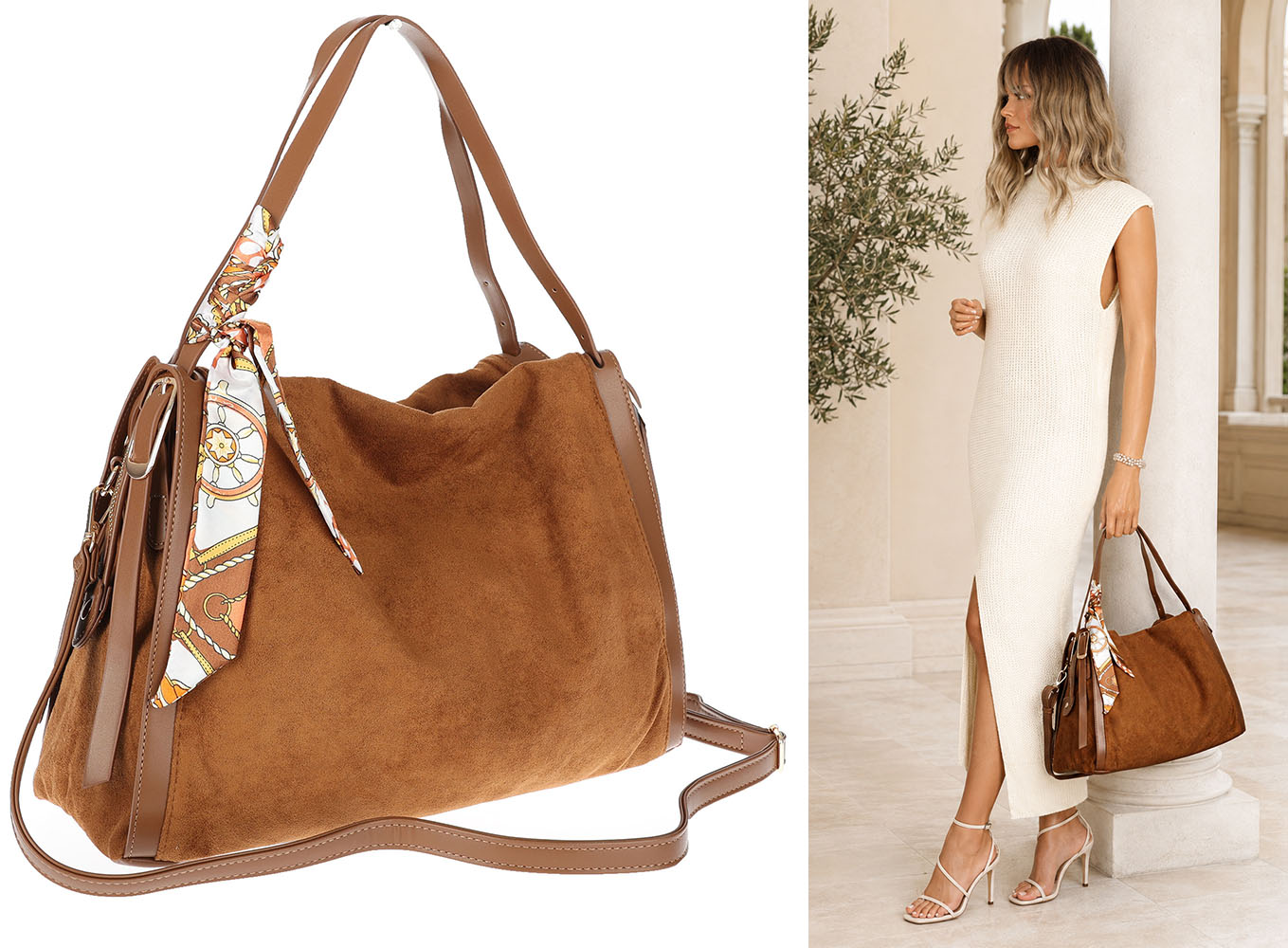 Dámská shopper kabelka semišová prostorná A4 taška přes rameno 403E Hnědá