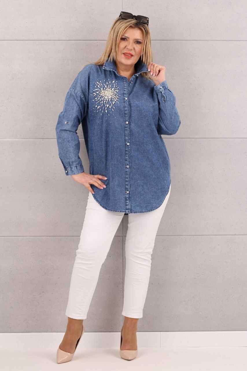 KOSZULA JEANSOWA DAMSKA DUŻE ROZMIARY ELEGANCKA DŁUGA OVERSIZE STYLOWA Marka FEMIMODA