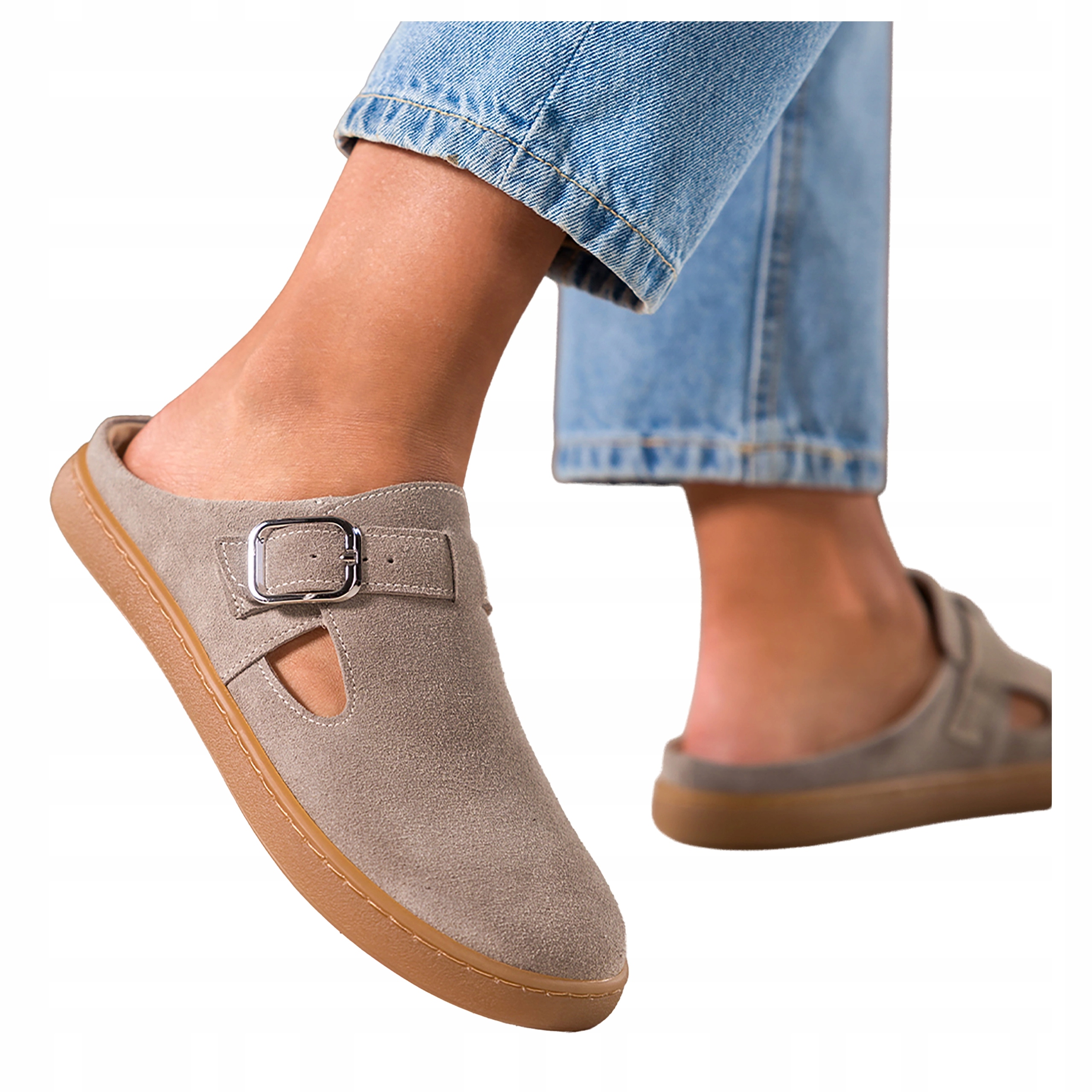 Béžové Nazouváky Barefoot Dámské Široké Pásek Stříbrná Kožená spona vel. 41