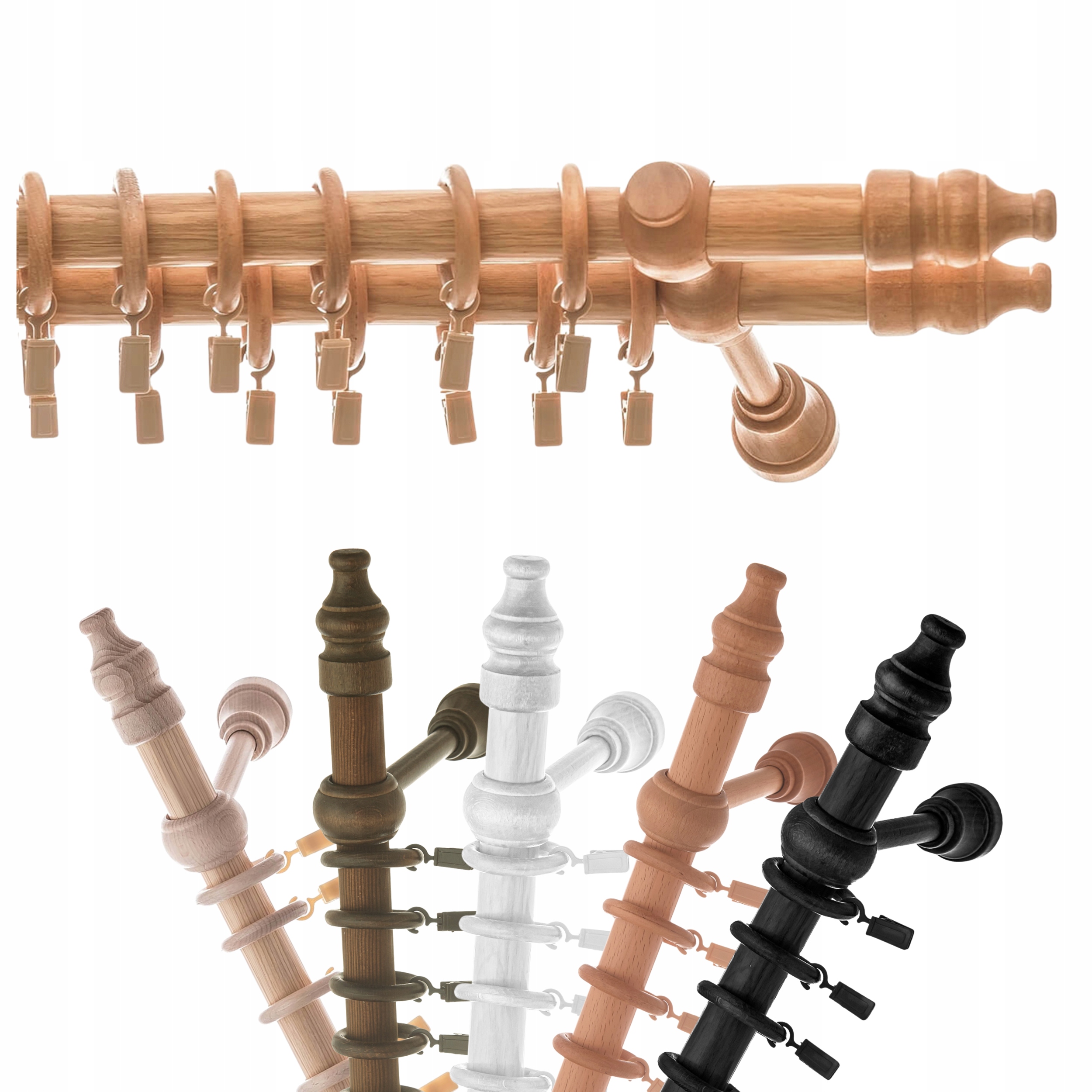 Garnýž Dřevěný dvojitý 300 cm Kolorové stropní záclonové tyče žabky