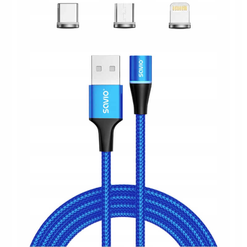 Kabel magnetyczny Usb Usb Typ C Micro Lightning Savio CL-154 1m niebieski