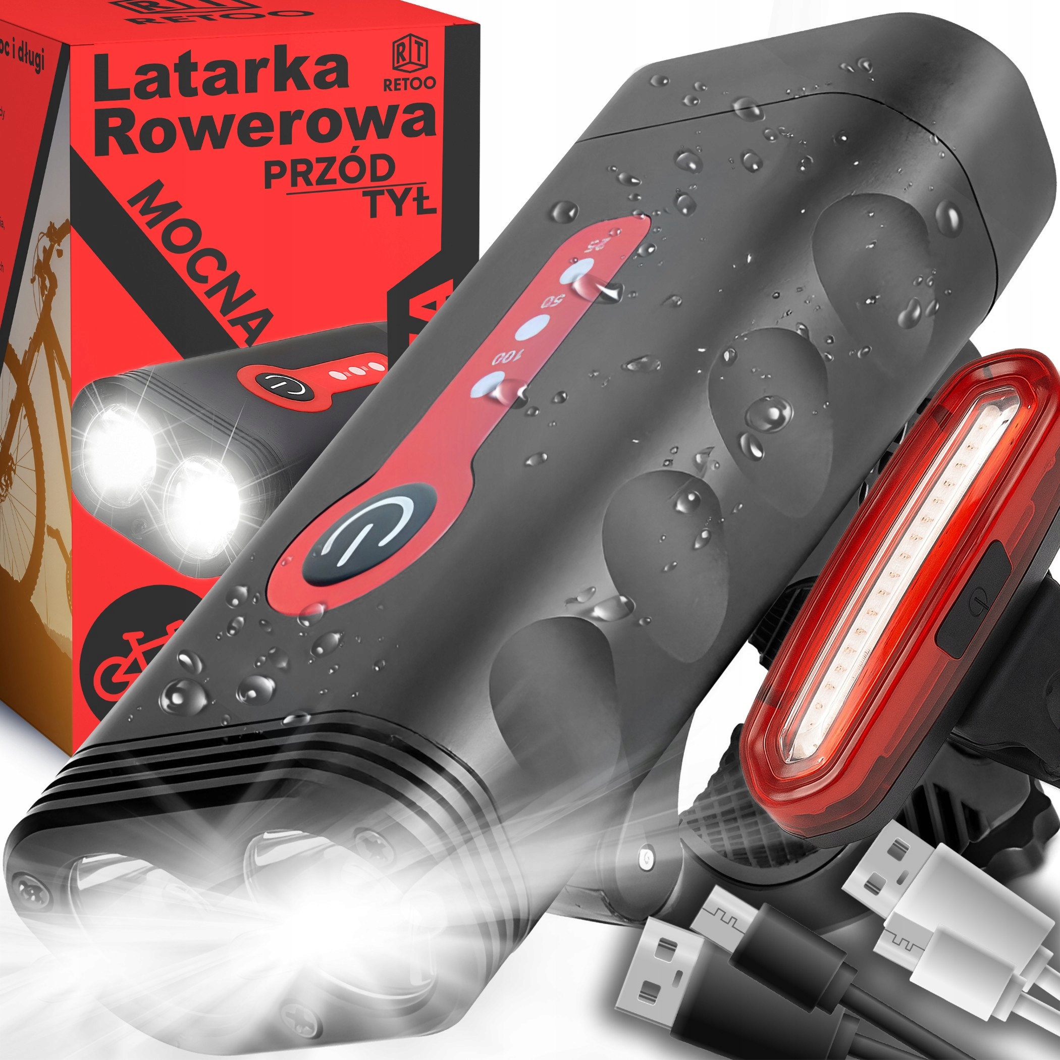 ВЕЛОСИПЕДНЫЙ ФОНАРЬ ПЕРЕДНИЙ ЗАДНИЙ МОЩНЫЙ СВЕТОДИОДНЫЙ 1800LM ПЕРЕЗАРЯЖАЕМЫЙ КОМПЛЕКТ ФОНАРЕЙ