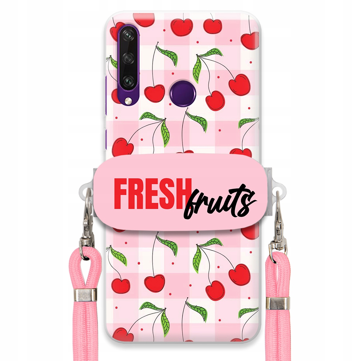 Puzdro pre Huawei Y6P Case držiak na šnúrku Ružový Fresh Fruits Mriežka Ovocie