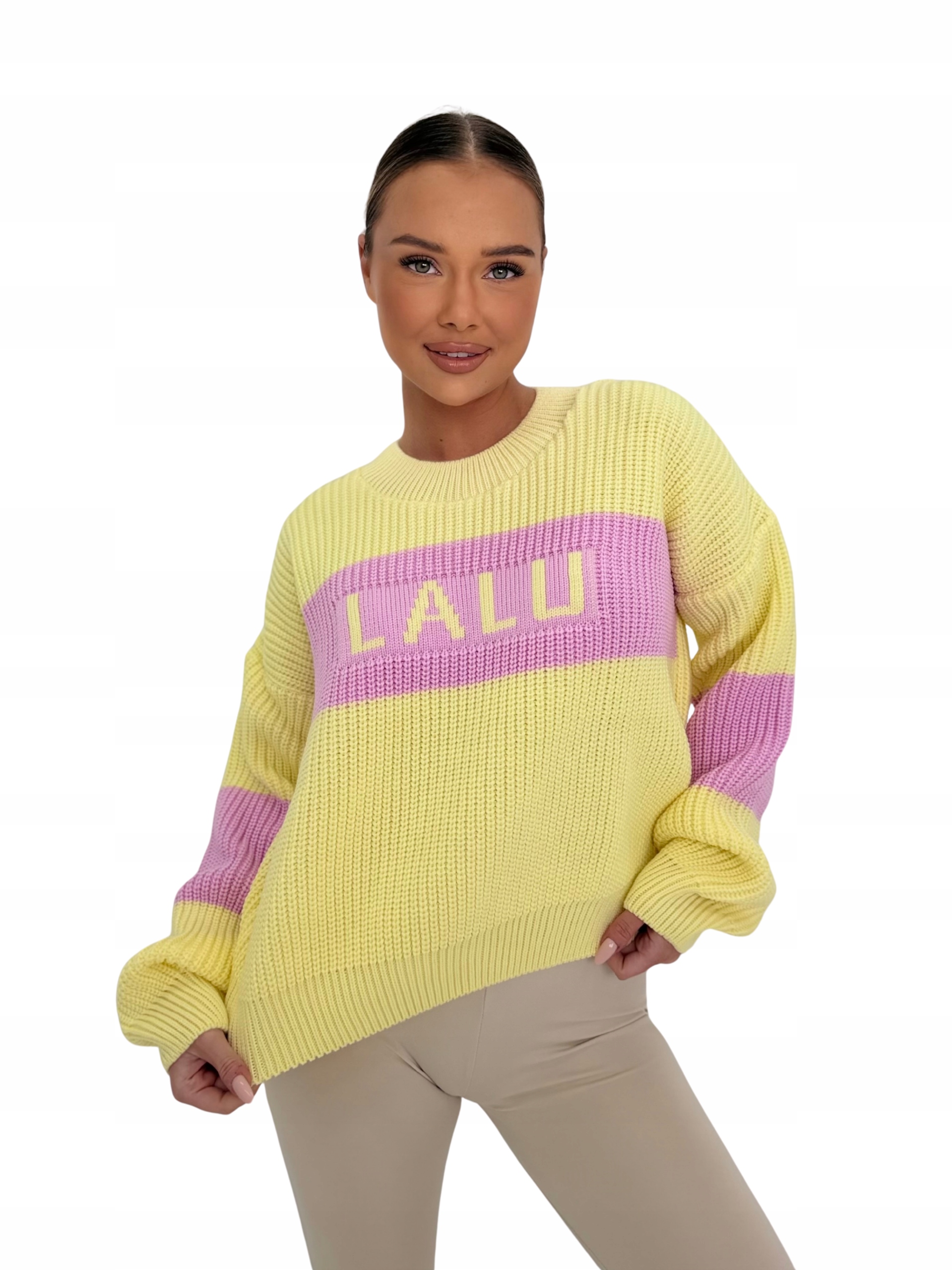 Dámský tlustý masitý svetr LaLu s velkým logem, žluto-růžový