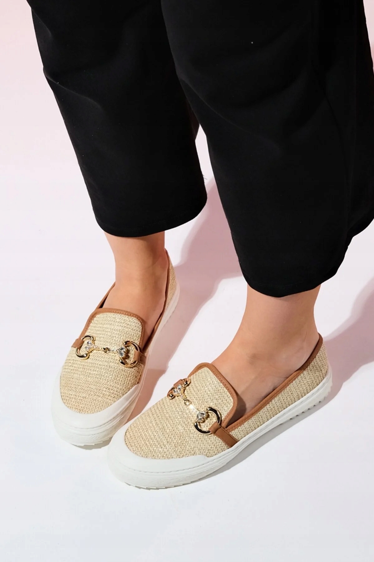 Dámské Béžové Mokasíny Z Tkané Slámy S Ozdobou Řetězu, Velikost 40 5 G